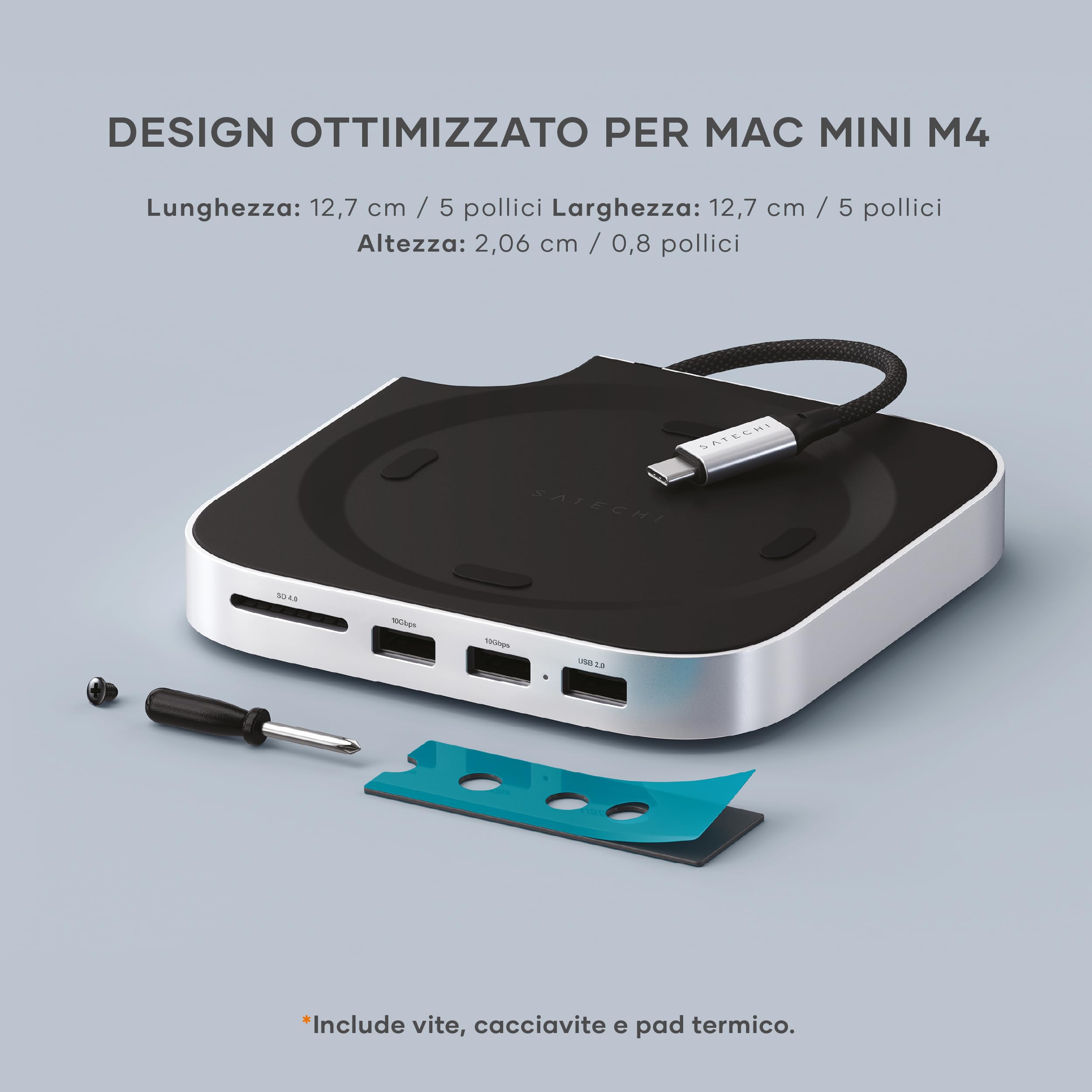 SATECHI Mac Mini M4 Hub & Supporto con SSD NVMe 10Gbps | Per Mac Mini M4 e M4 Pro, ventilazione ottimizzata, 2x USB-A 10Gbps, 1x a 480Mbps, lettore SD, cavo host USB-C integrato