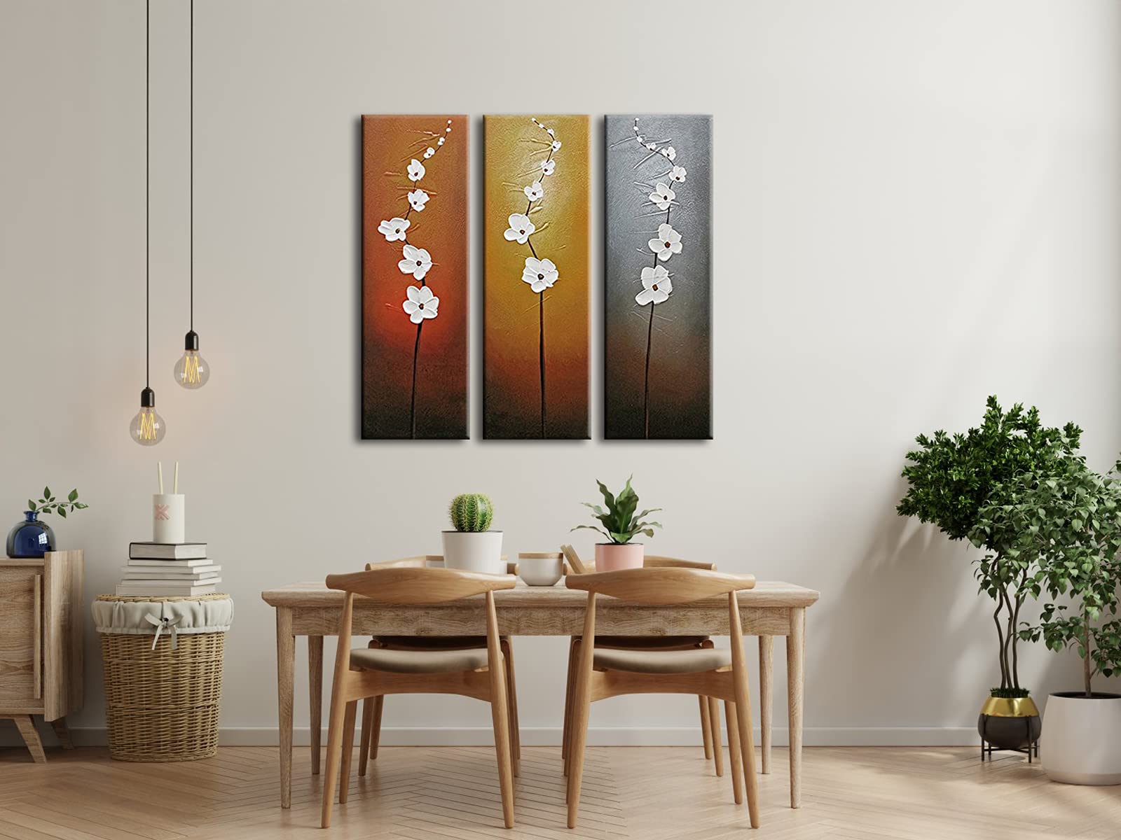 Wieco Art Quadro Moderno 3 Pannelli: Foglie Nere Su Sfondo Bianco, Stampe Floreali Astratte Su Tela, Incorniciate. 50x50 Cm Ciascuno, Per Soggiorno O Camera. - 3