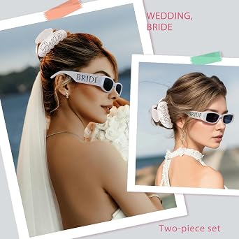 SHENYI Bride Sunglasses and Bride Claw Clip - Bachelorette Party Set | White Marble Sparkle Sunnies, Beach Decor, Bridesmaid Shower Photo Props, Night Out Favors