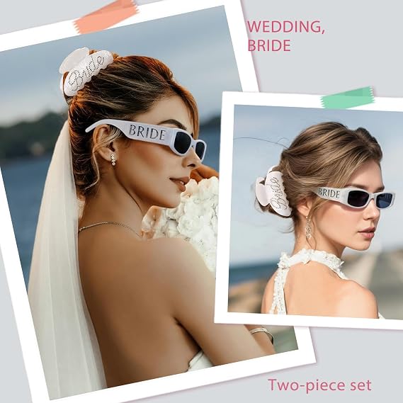 SHENYI Bride Sunglasses and Bride Claw Clip - Bachelorette Party Set | White Marble Sparkle Sunnies, Beach Decor, Bridesmaid Shower Photo Props, Night Out Favors