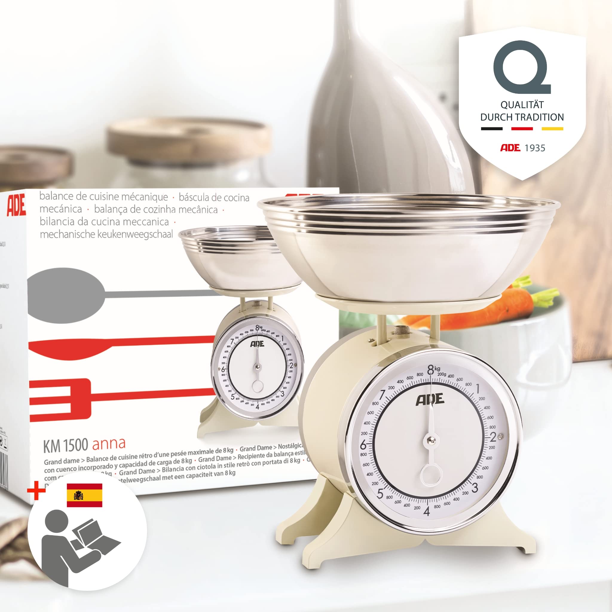 ADE Báscula de cocina mecánica classica | báscula de bol analógica de estilo rústico fabricada en metal | bol de acero inoxidable | báscula de cocina manual precisa hasta 8 kg | color crema