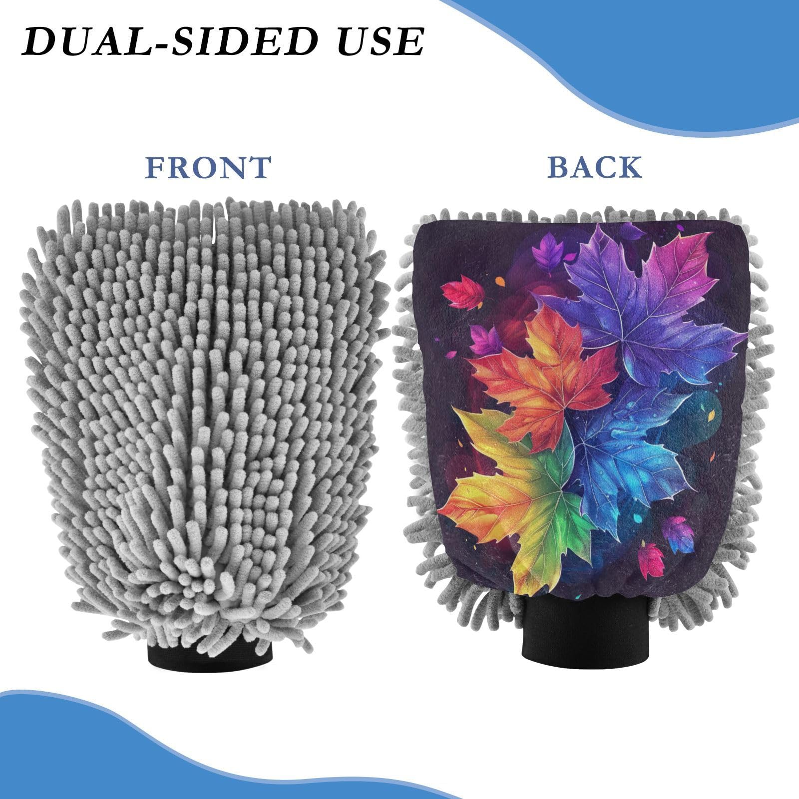 Kigai Colored Maple Leaves Car Wash Mitt Microfiber, 2Pcs Scratch Free Lint-Free, Premium Chenille Microfiber Mitt Car Wash Brush-M