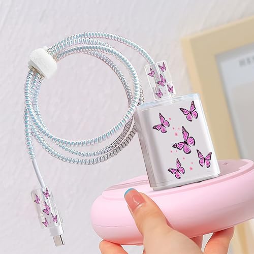 Miniatura 3 de Juego de funda de almacenamiento para cargador de teléfono, bolsa de transporte de flores de mariposa rosa con protector de cable, organizador de