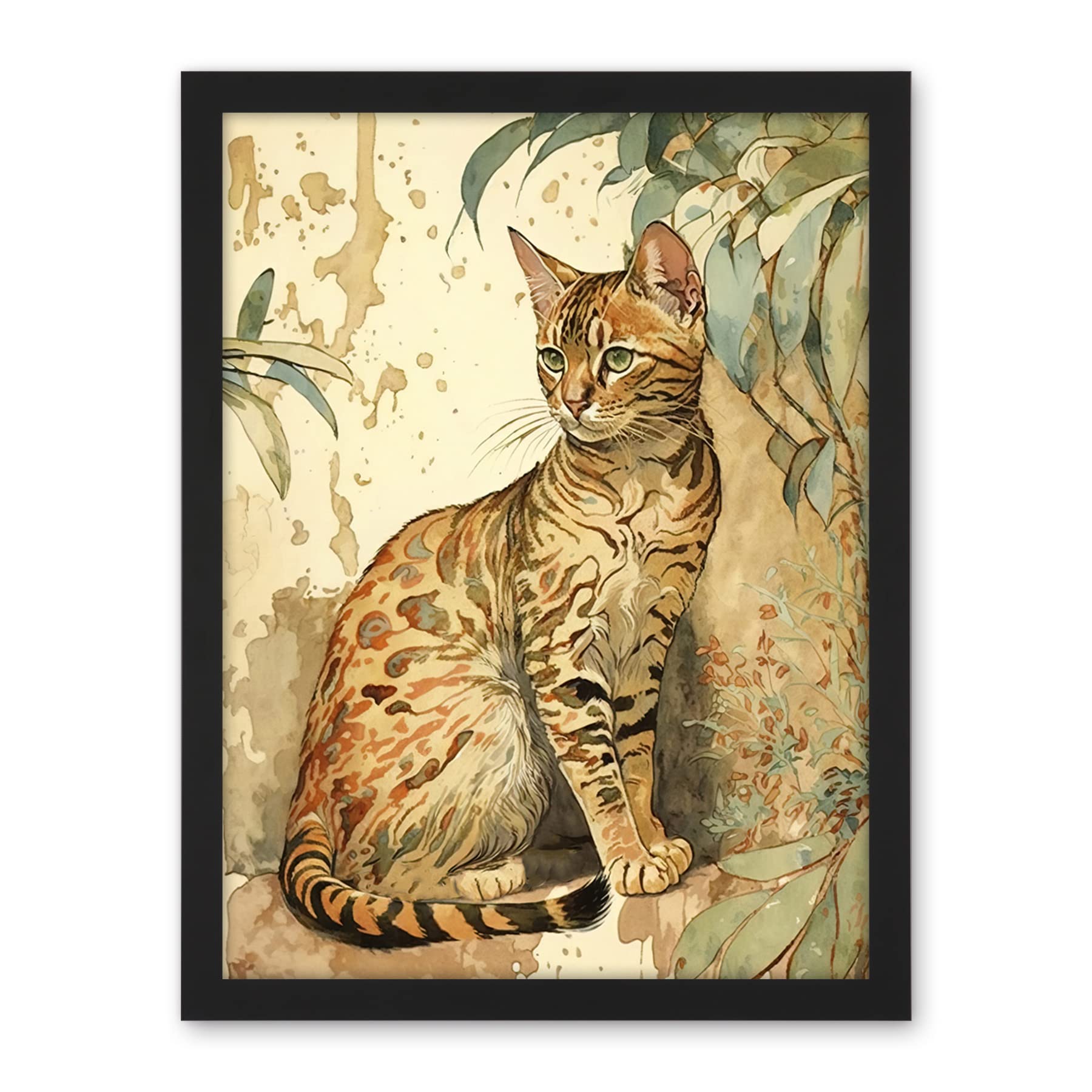 Artery8 Marble Coat Bengal Cat Perched on Street Wall Watercolour Illustration Artwork Framed Wall Art Print 18X24 Inch