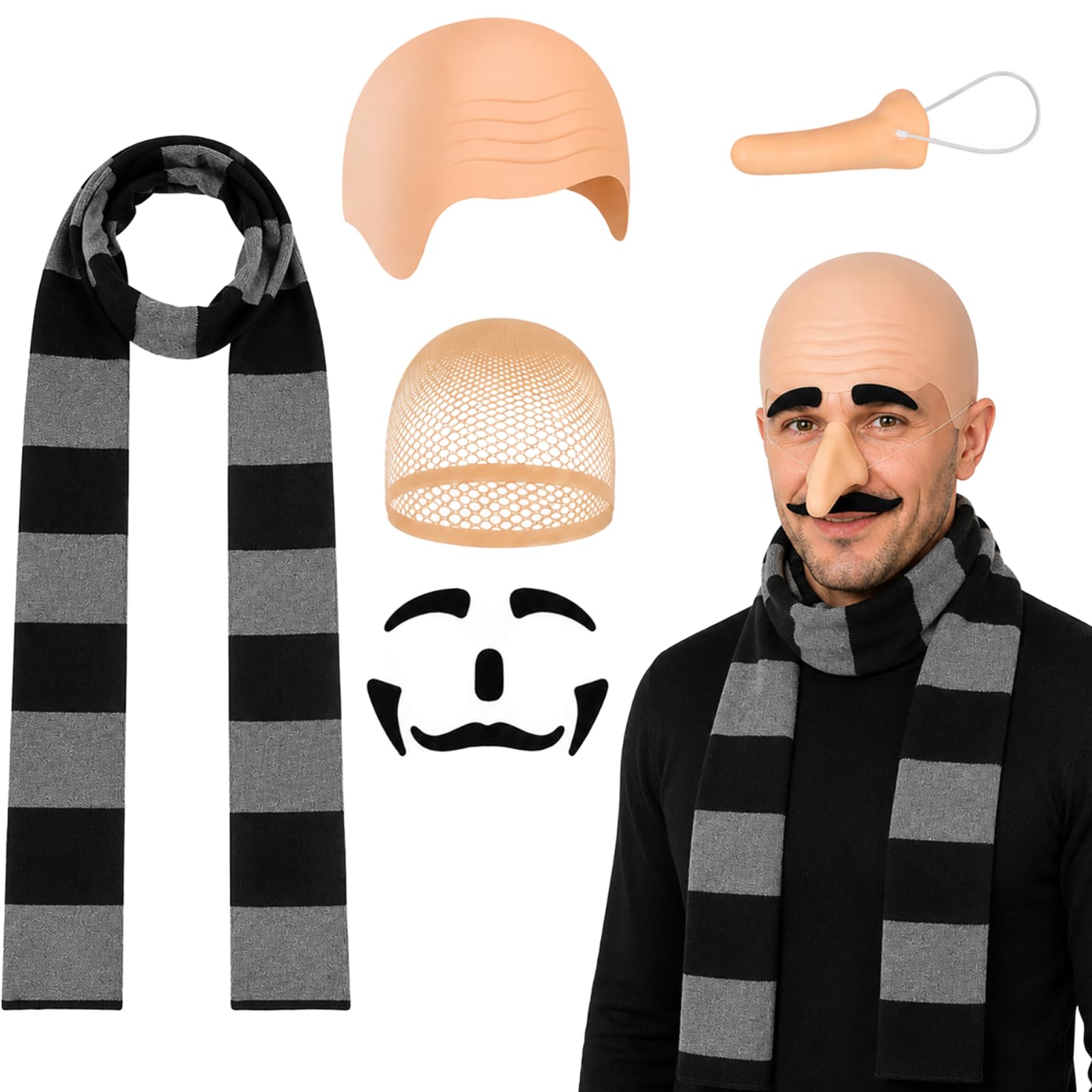 Zqisxze Gru Costume, Cosplay Halloween Costumes with Bald Cap, 5 Pcs