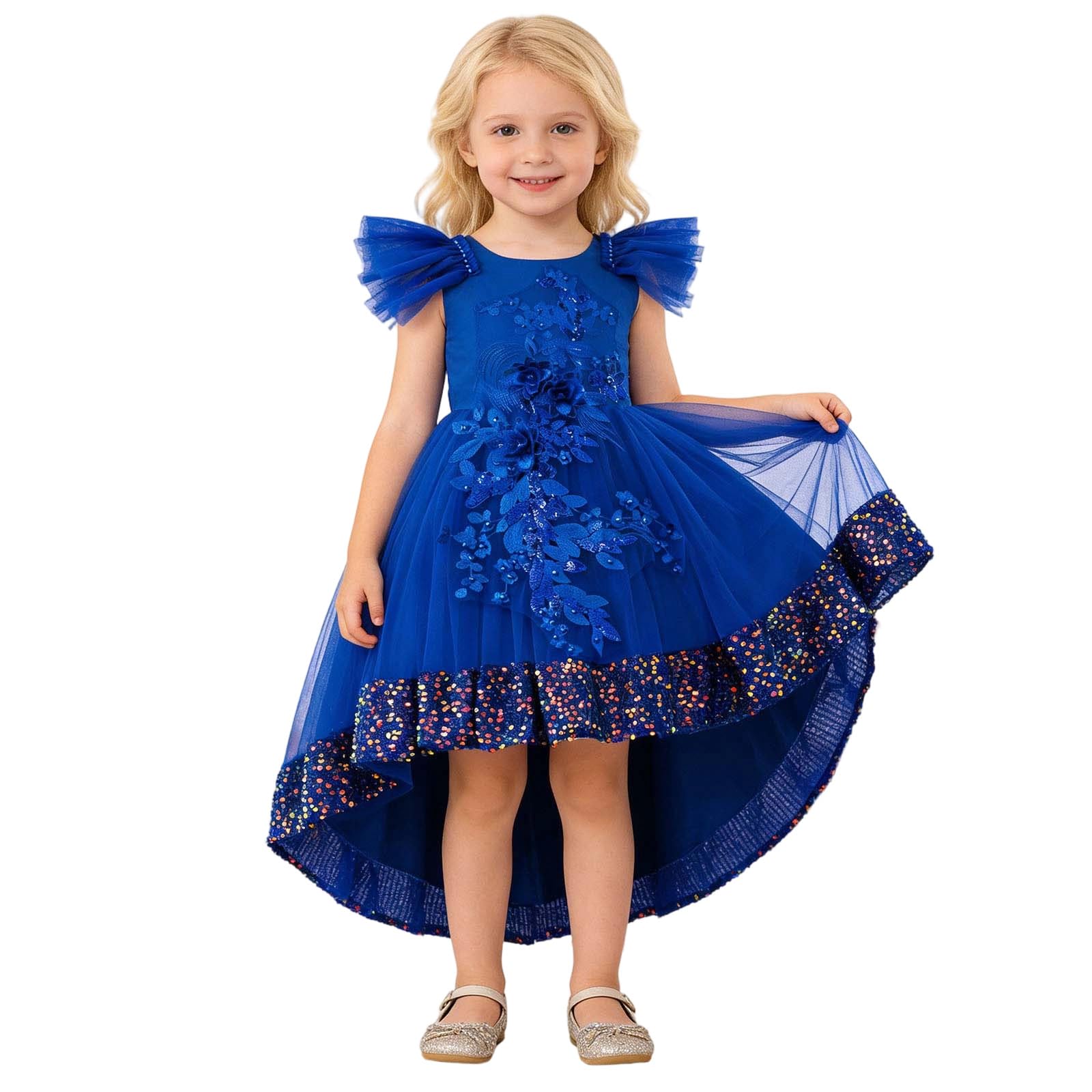 Generico Vestito da Festa per Bambina con Gonna a Strati Lunga e Paillettes Abito Elegante da Sera con Tulle e Volant per Compleanni e Celebrazioni Gonna Paillettes