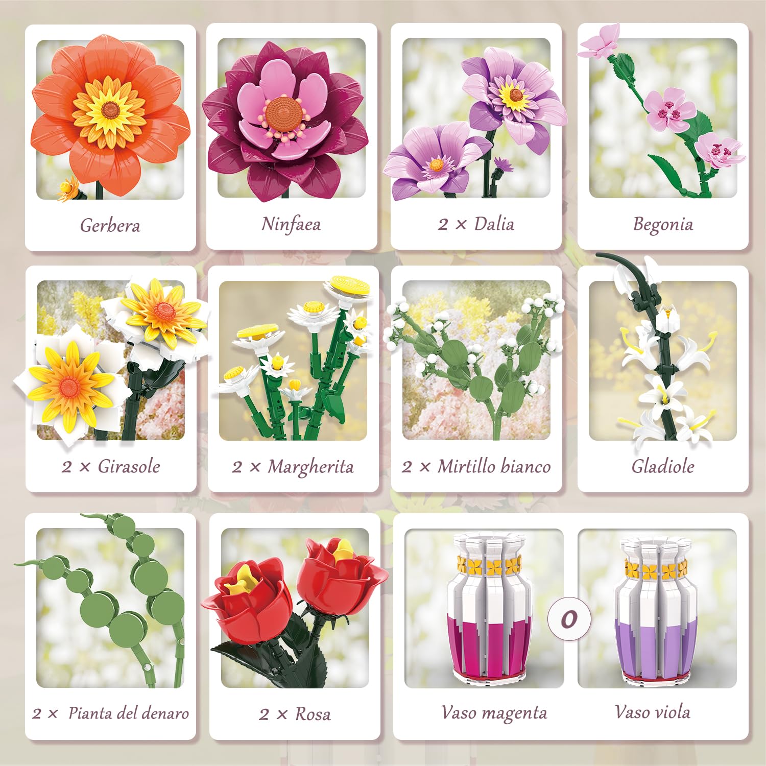 Set di Costruzione di Mazzetto di Fiori con Vaso Bicolor, 16 Set di Mazzetti di Fiori Artificiali per Adulti e Donne, Compatibile con la Collezione Botanica di Mazzetti di Fiori Lego, 1278 Pezzi