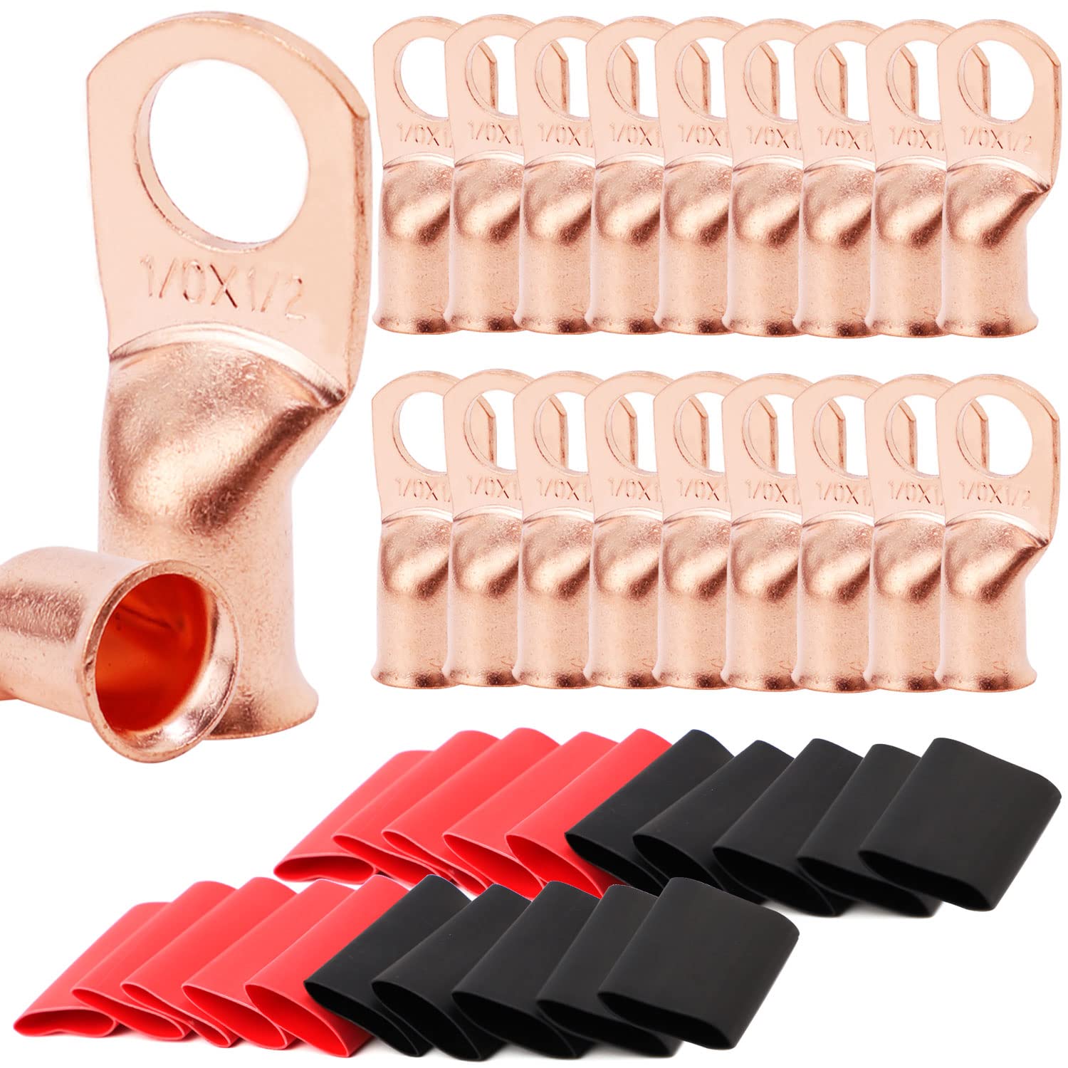 TKDMR 20pcs 1/0 AWG-1/2 Battery Lugs,Heavy Duty Wire Lugs,Ring Terminals,Battery Cable Ends,0 Guage terminals,Battery Terminal Connectors with 20pcs 3