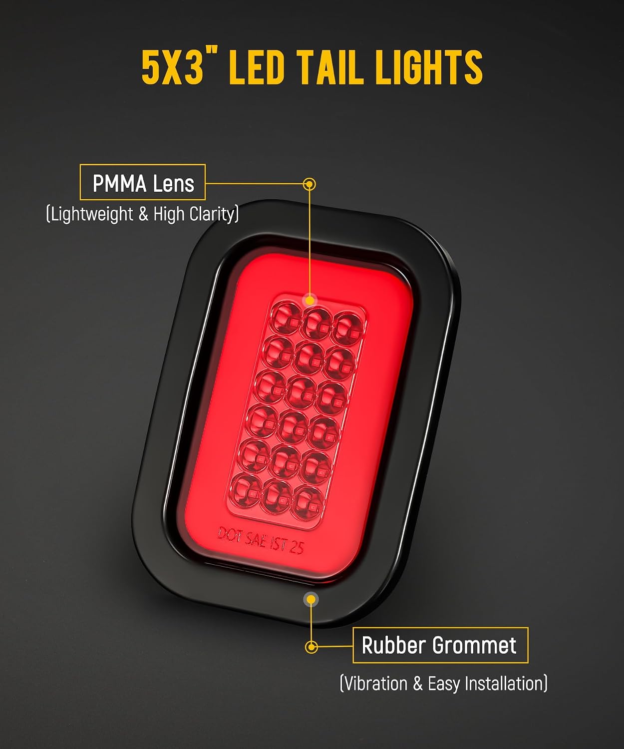 Partsam 6X 5x3 Inch Rectangle Halo Stop/Turn/Tail/Brake & Backup Reverse Flatbed Truck Trailer Tail Hitch Lights 42 LED w/Grommets & 3 Wire Pigtail Plug Kit Waterproof (4xRed+2xWhite)