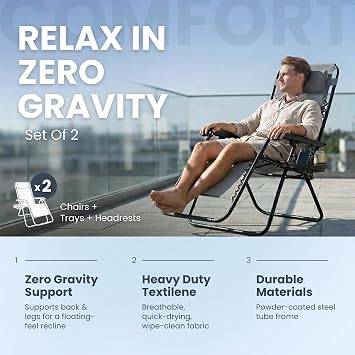 Straame Zero Gravity Chairs Set of 2, Textilene Garden Recliners, 170° Grey