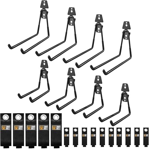 Ganchos de garaje, paquete de 8 perchas de almacenamiento de pared con 15 correas de cable de extensión, soporte de herramientas resistente para