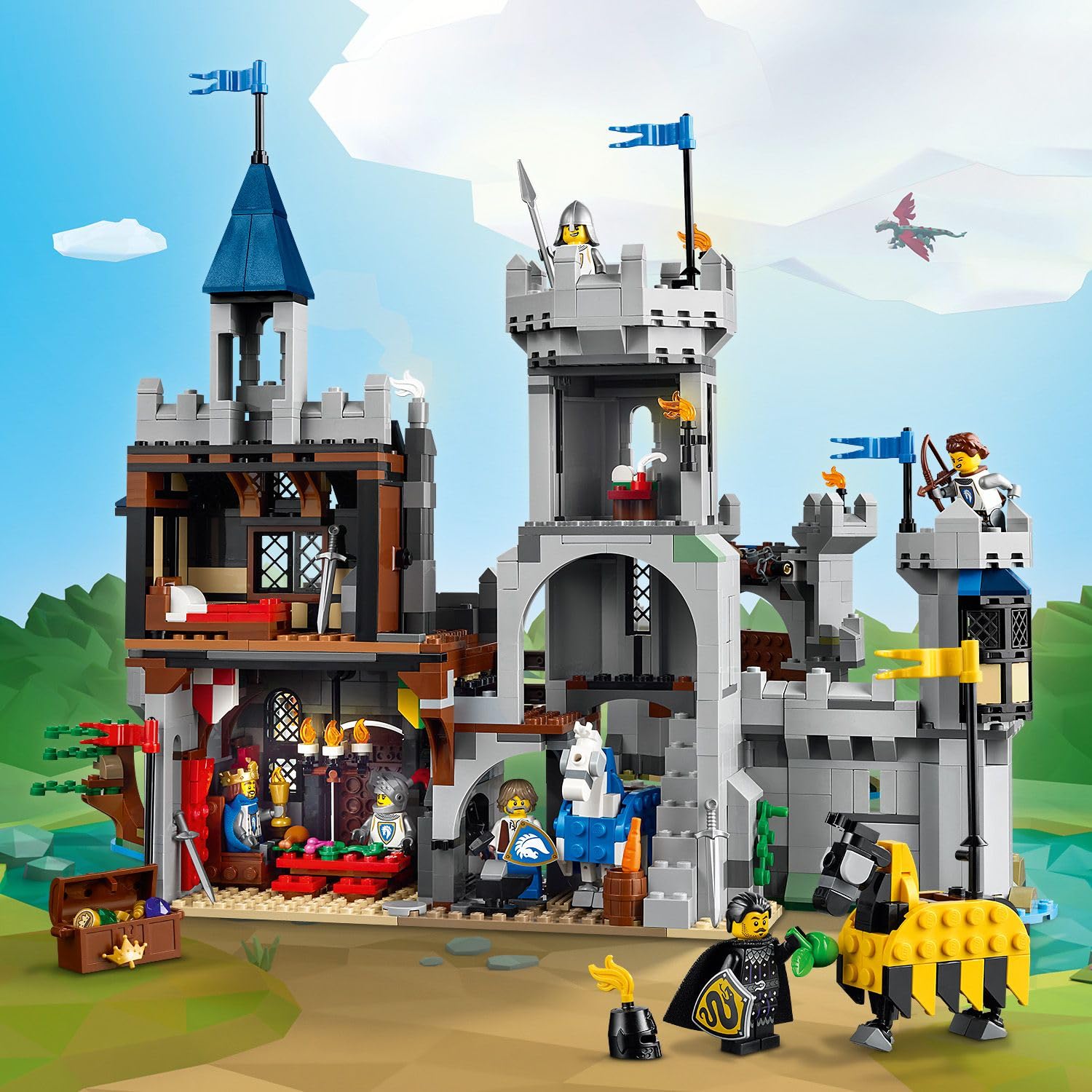 LEGO Creator 3 w 1 Średniowieczny zamek rycerzy konnych 31168 | Zestaw klocków konstrukcyjnych, model zamku do przebudowy na turniej lub miasteczko, prezent dla dzieci 9+, 1371 elementów