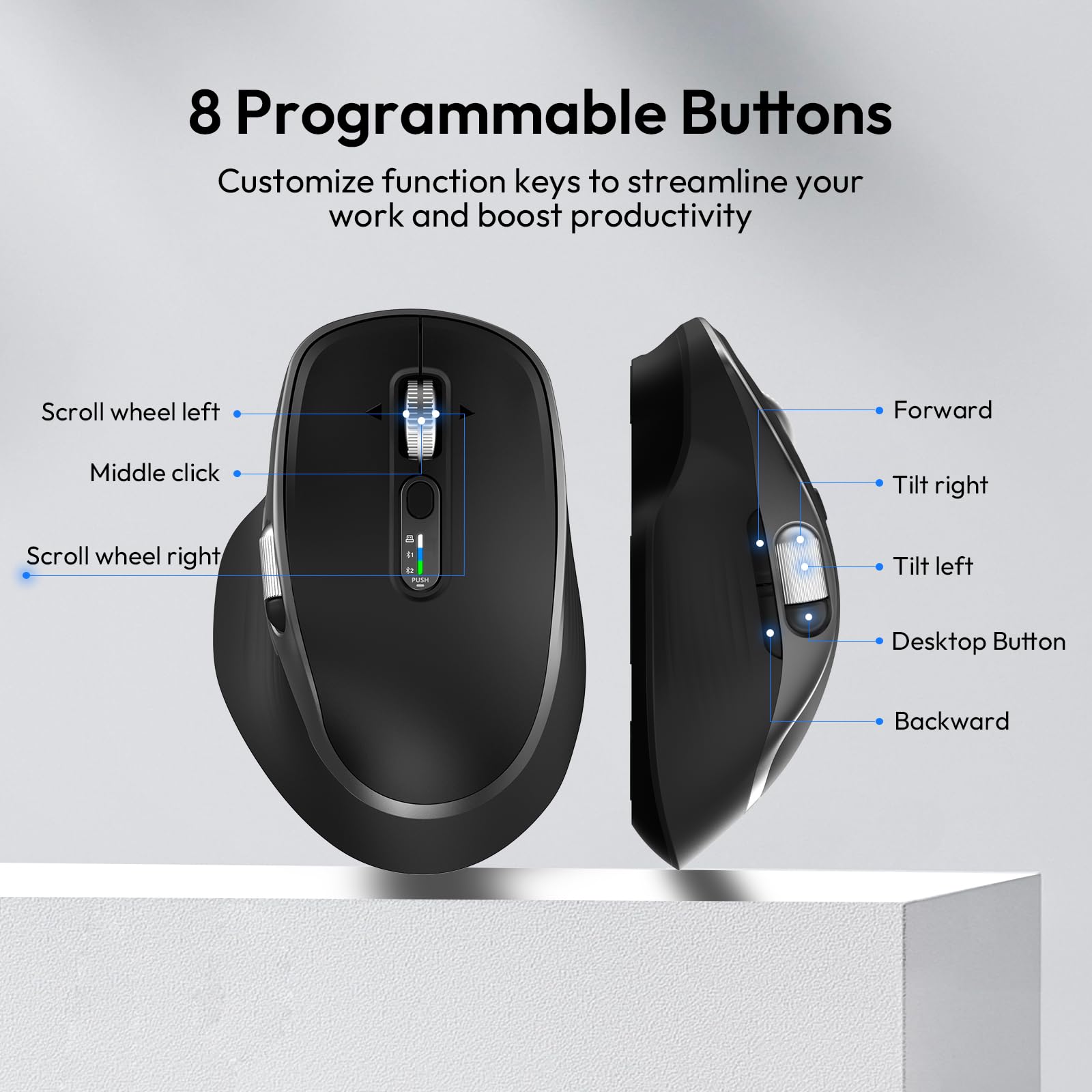 Ratón inalámbrico recargable por Bluetooth con 8 botones programables, color negro | Ratón óptico ergonómico multidispositivo con 5 DPI ajustables para laptop, iPad, PC, manos medianas a grandes