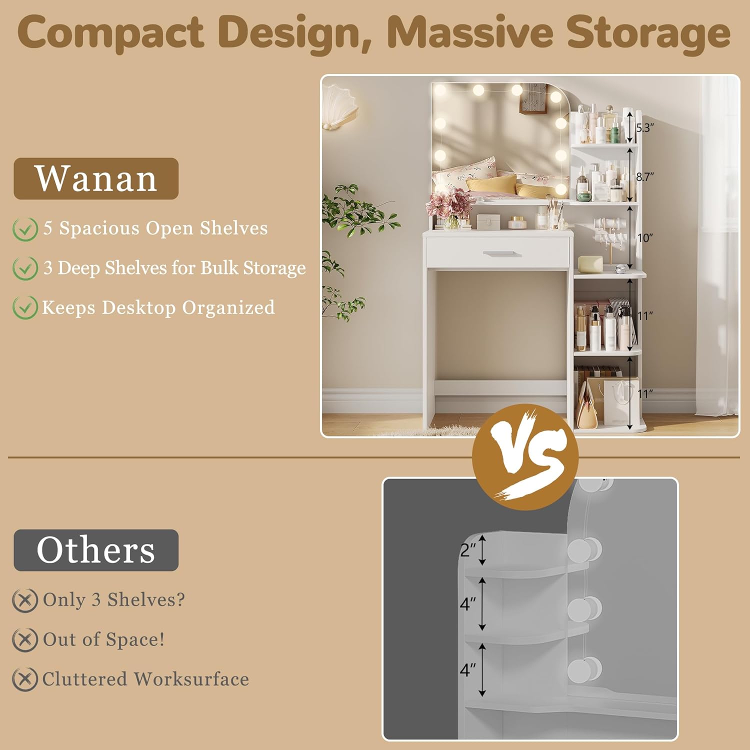 wanan Makeup Vanity Desk with Mirror and Lights, 32" W x 14" D x 52" H, Girls Vanity Set with 5 Storage Shelves, Big Drawer and 3 Lighting Colors, Women’s Vanity for Bedroom, White