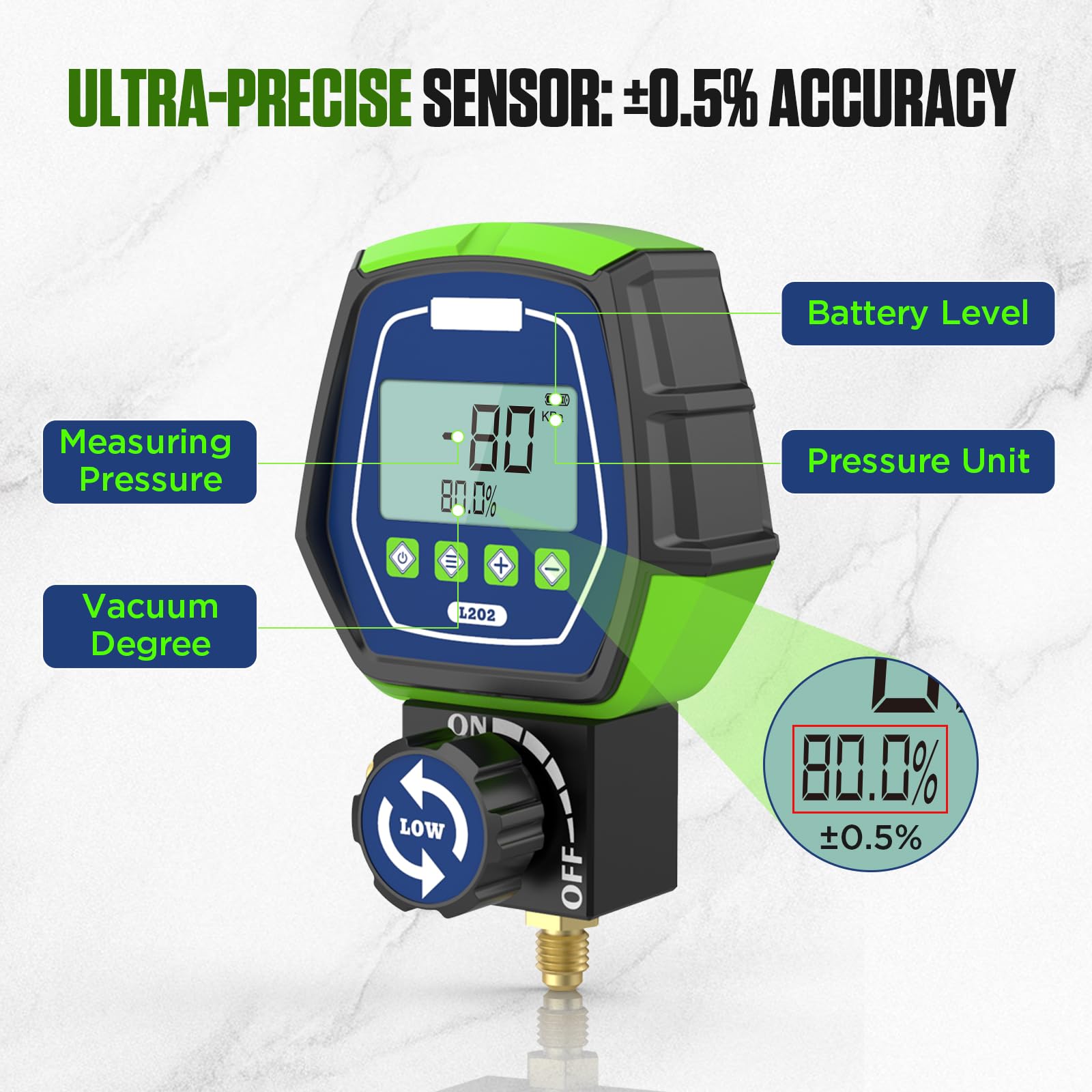 BELEY Manómetros Digital R32 - Bomba de vacío Aire Acondicionado y Prueba R134A R410A HVAC Manómetros Digitales con 90 refrigerantes incorporados para probar y Mantener Sistemas de refrigeración
