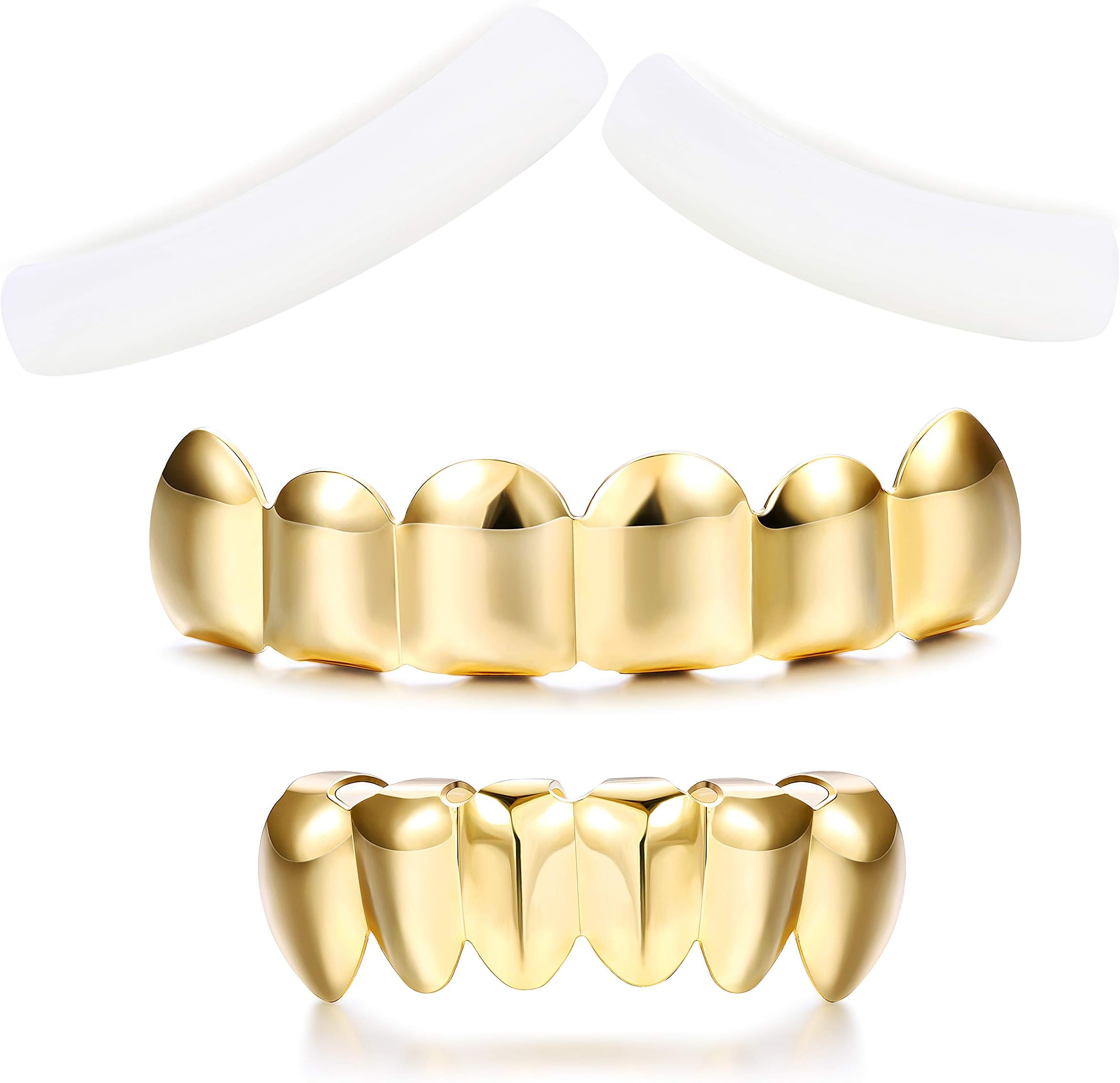 Finrezio Gold Plated Grillz Hip Hop Teeth Top and Bottom Fake Mouth Grill with 2 Extra Molding Bars