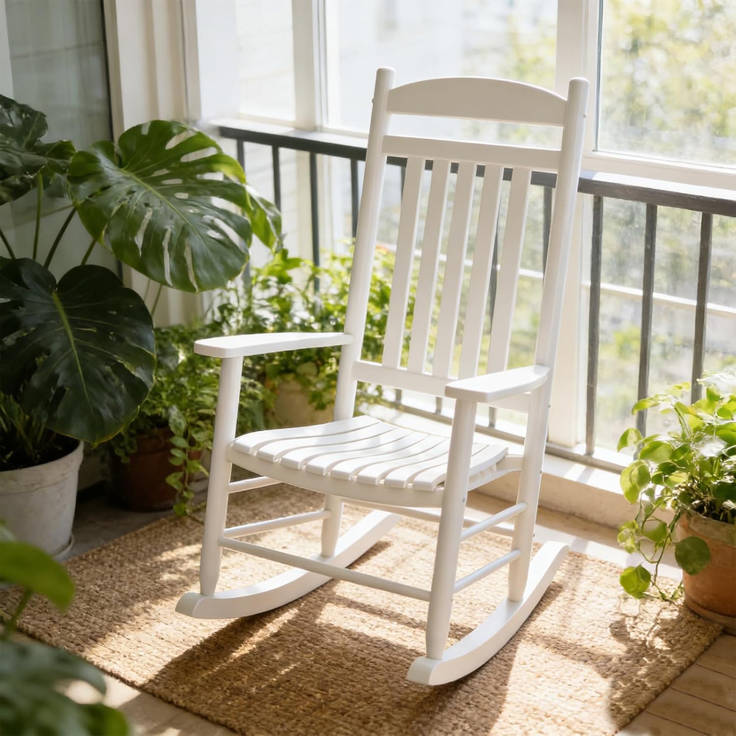 Wooden Outdoor Rocking Chair, Weatherproof Oversized Rocking Chair, Heavy Duty Comfort with 450 lbs Weight Capacity, Solid Relaxing Rocker with High Back for Patio, Porch, Living Room (white)