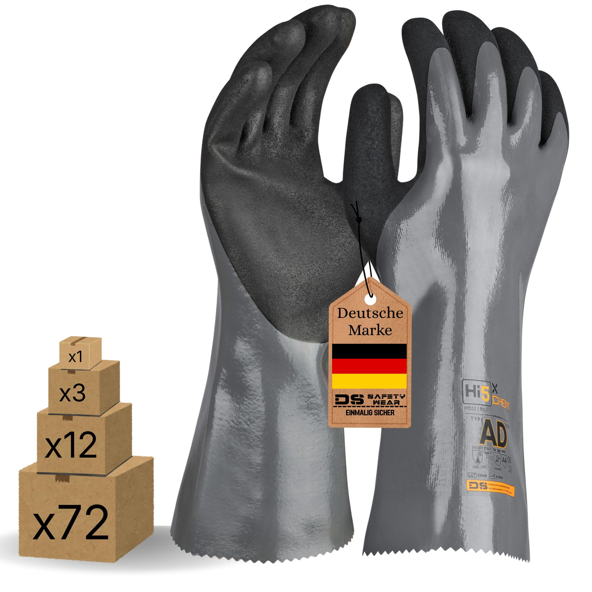 Hi5 X-Chem Chemikalienschutzhandschuhe 4X42D – Typ A AJKLOPT – Nitril sandig-rau – schnittfest Level D – EN 374-1 – EN 388 – grau/schwarz (L, 72, stück)