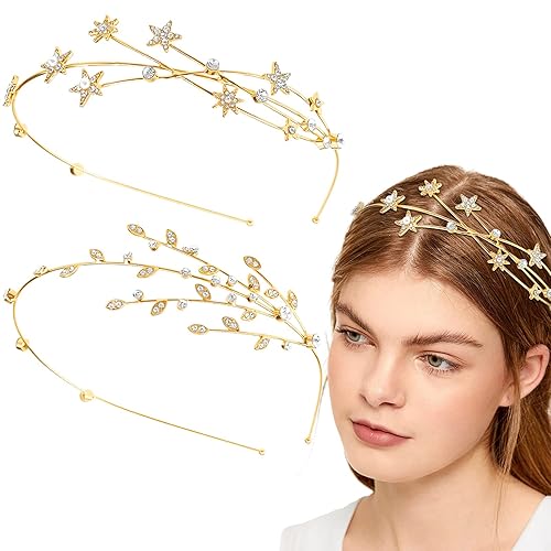 Aswewamt 2 diademas doradas de aleación de diamantes de imitación de cinco puntas con estrellas para novia, accesorio decorativo para el cabello,