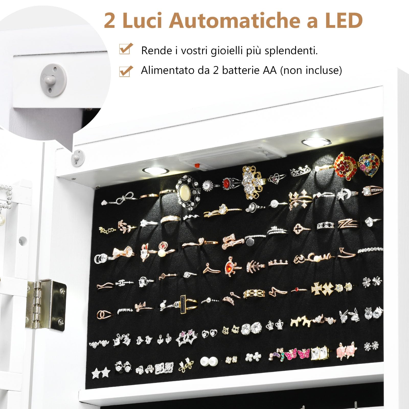 GYMAX Armadietto Portagioie da Parete, con Specchio e Luci di LED, Scaffale/Gancio per Orecchio/Collana/Braccialetto, 36 x 10 x 120 cm (Bianco)