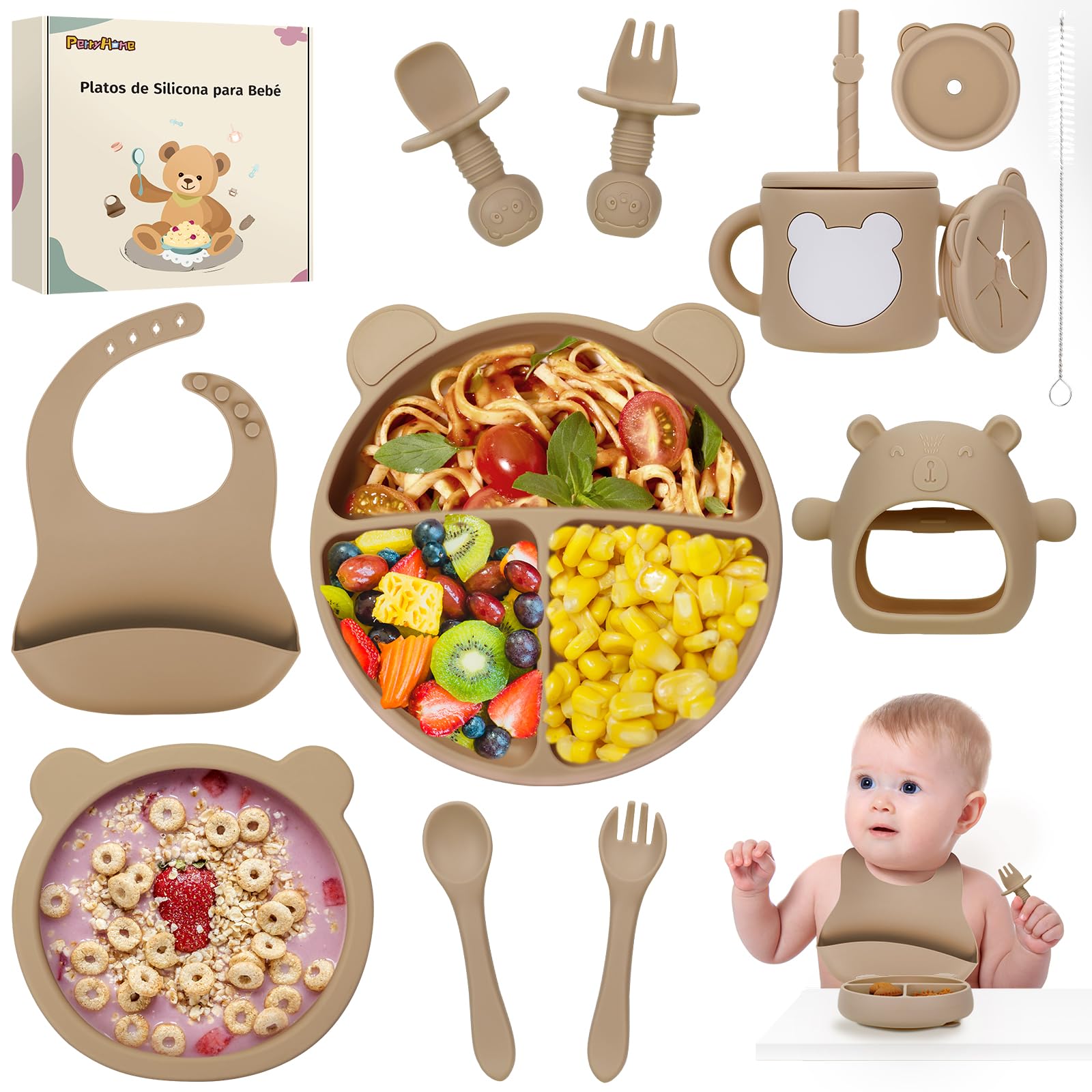 PERRYHOME 12pzs Platos para Bebés Silicon, Set de Vajillas Silicona de Alimentación, Sin BPA, Fácil de Limpiar, Apto para Microondas, Regalos de Navidad para Bebé (Marron)