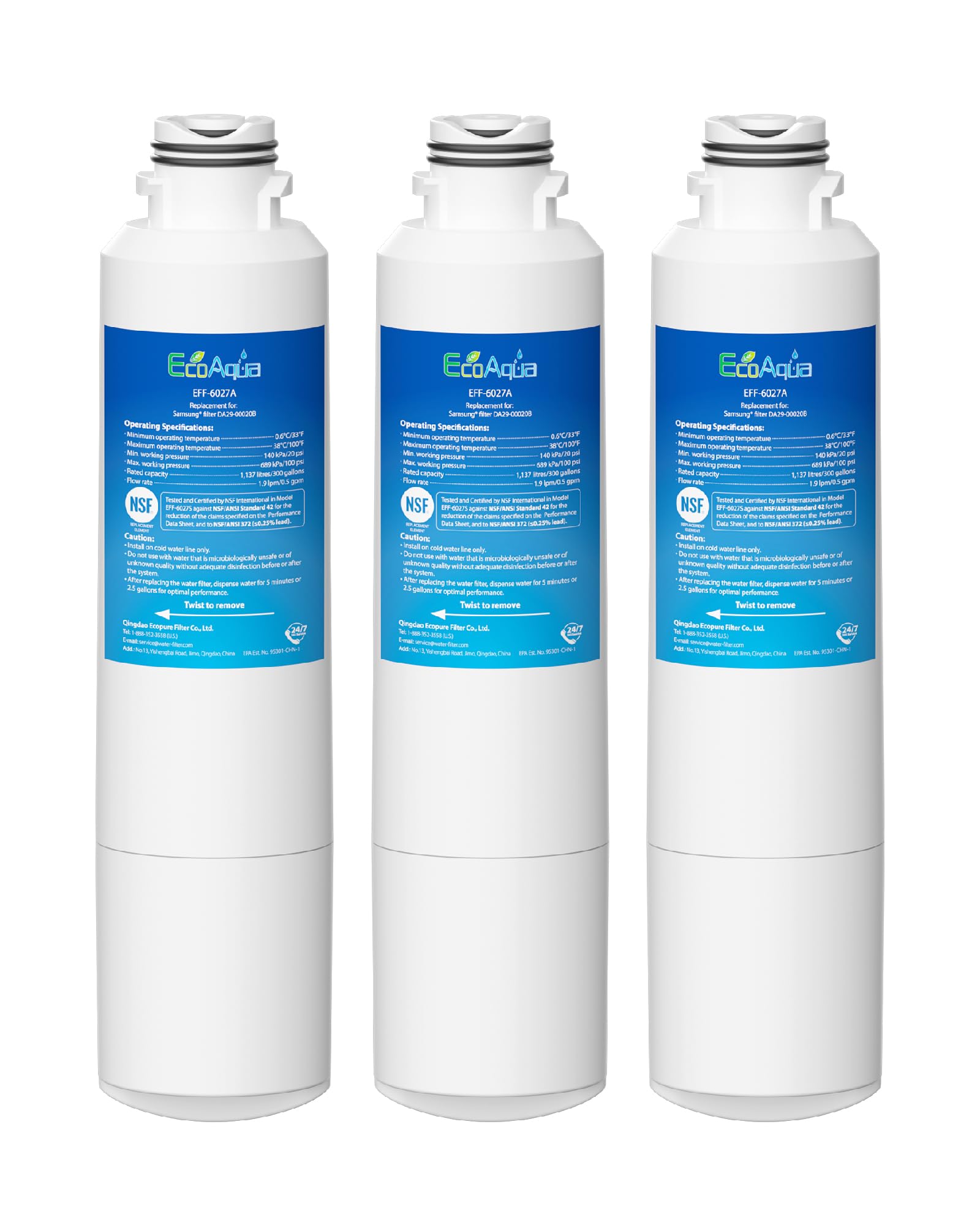 EcoAqua EFF-6027A Replacement Filter Compatible with Samsung DA29-00020B DA29-00020A HAF-CIN EXP 46-9101 Refrigerator Water Filter 3 Pack