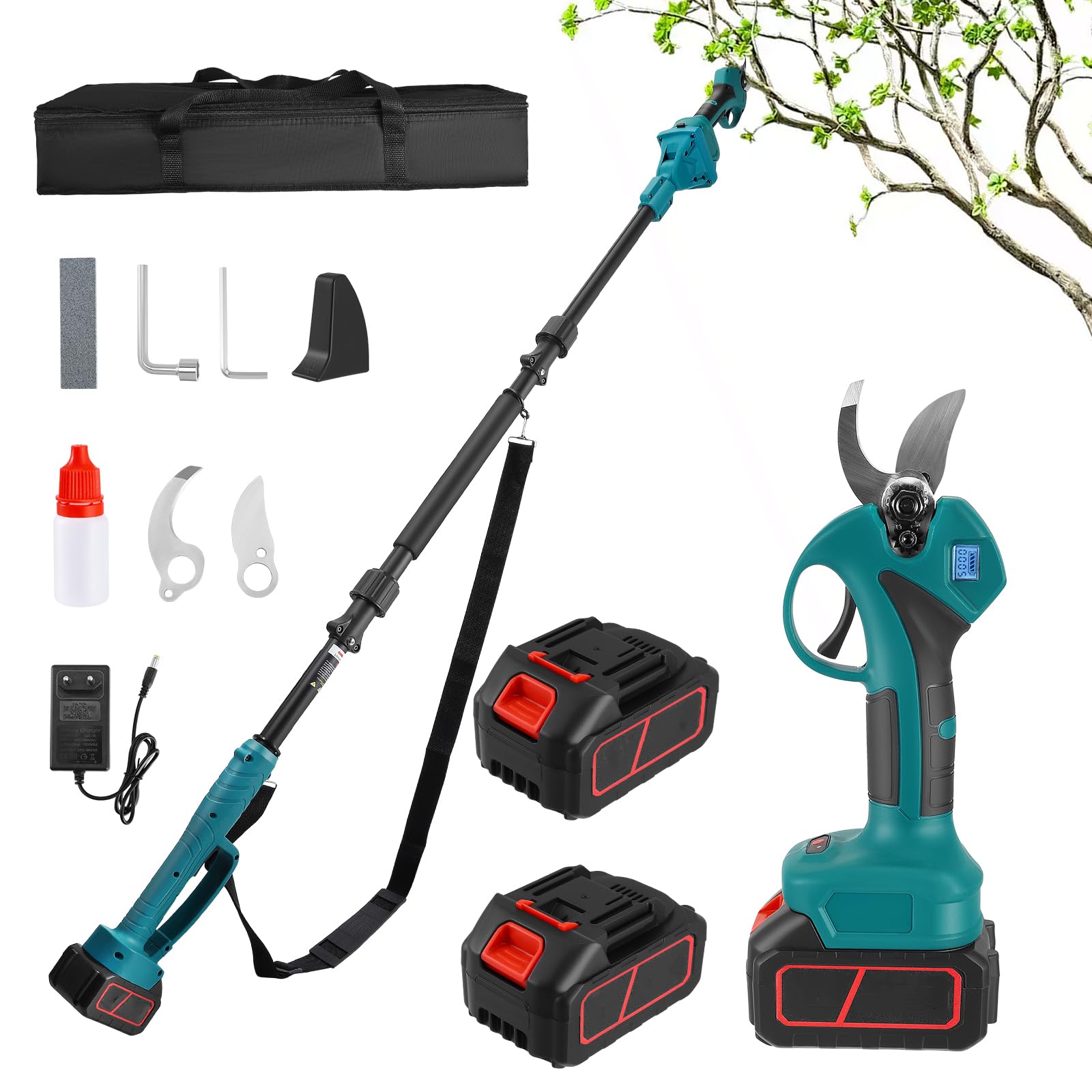 2 en 1 Secateur Electrique Sans Fil, avec 21V 2x3.0 Ah Batteries, Elagueuse sur Perche pour Arbres et Arbustes