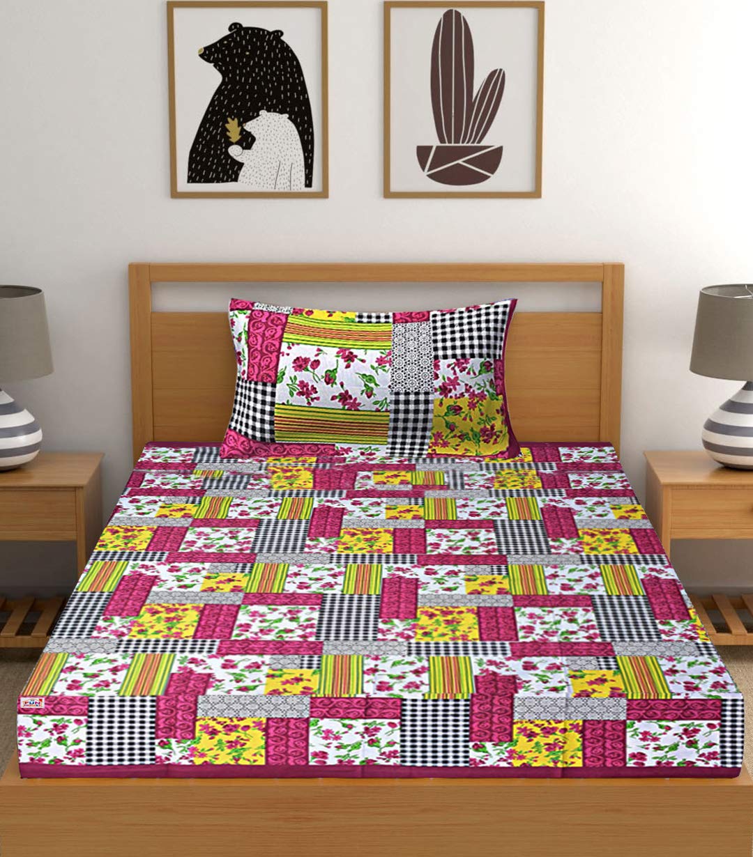 Fun Homes Checkered Design Cotton Single Bedsheet With 1 Pillow Covers, Pink