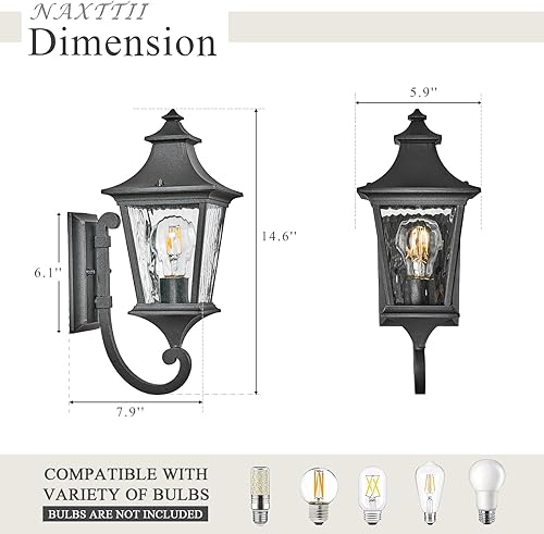 Miniatura 4 de Paquete de 2 luces de porche para exteriores, accesorios de iluminación de pared con vidrio ondulado de agua, lámpara de pared grande para garaje,
