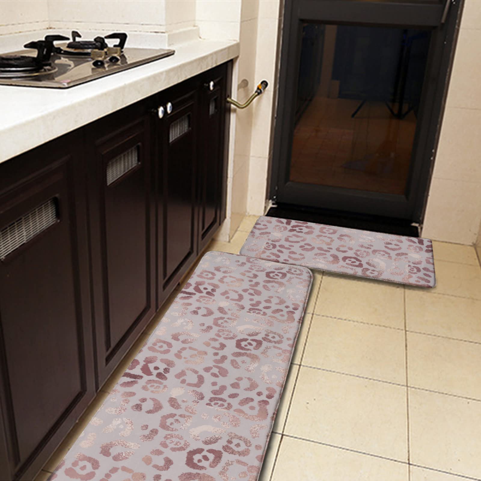YouTary Rose Gold Leopard Pattern Kitchen Rug Set 2 PCS Floor Mats Washable Non-Slip Soft Flannel Runner Rug Doormat Carpet for Kitchen Bathroom Laundry