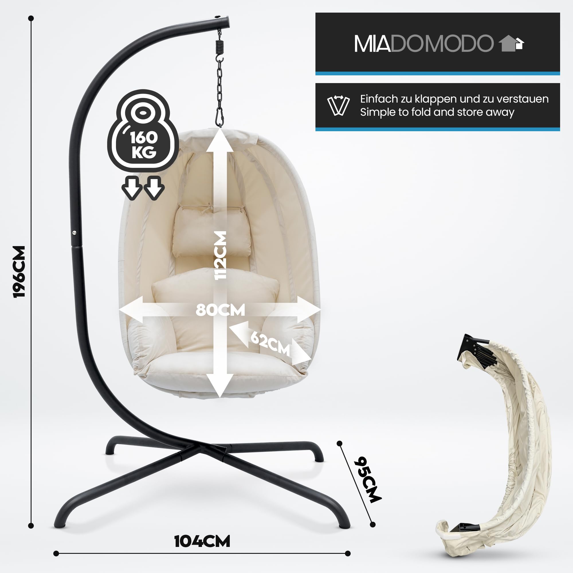 MIADOMODO® Fotel wiszący - ze stojakiem i poduszką, regulowana wysokość, żelazna rama, maks. obciążenie 160 kg - huśtawka wisząca kosz, wewnątrz/na zewnątrz, ogród, taras (Beżowy)