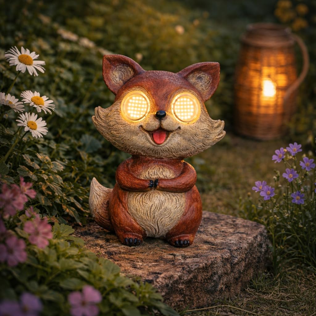 Premier 26cm Solar Fox Garden Ornament with Moving Eyes LED Light Up Outdoor Animal Statue Polyresin Decorative Lawn Figure Solar Powered Garden Decoration