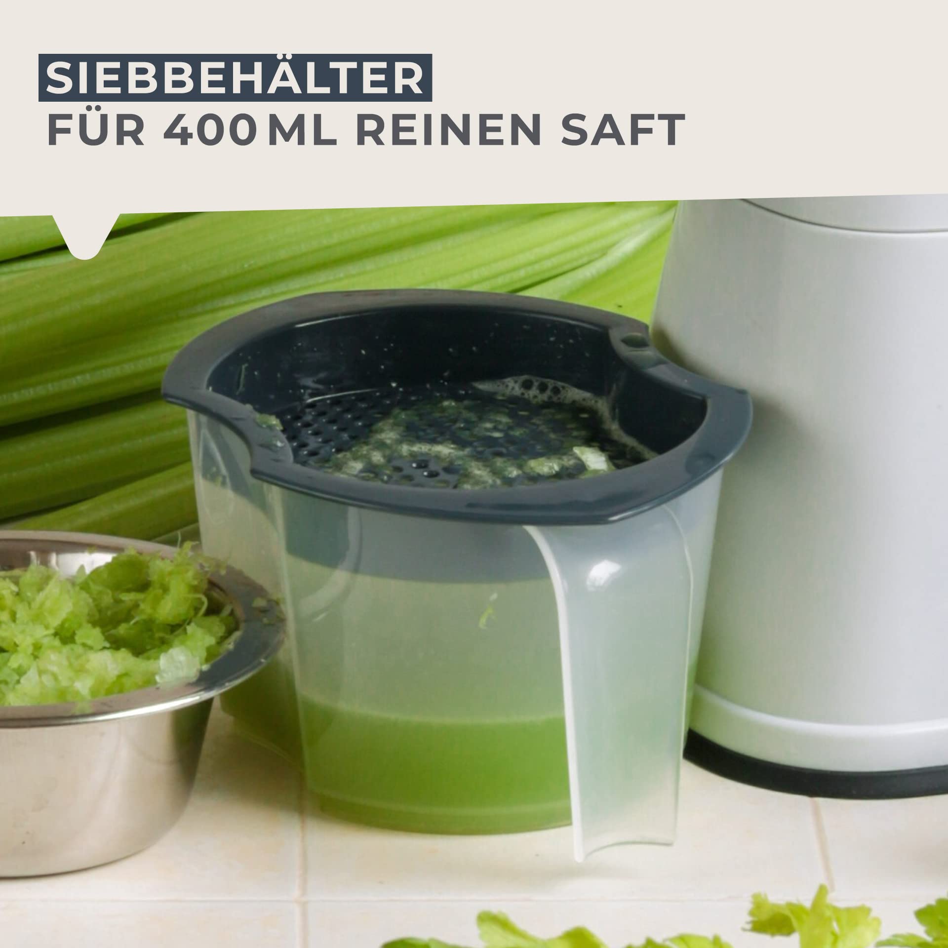 Fackelmann #easyprepare Saftpresse für Obst und Gemüse – Fruchtsaftpresse zum einfachen Entsaften – Manueller Entsafter inklusive Behälter mit Sieb (400 ml)