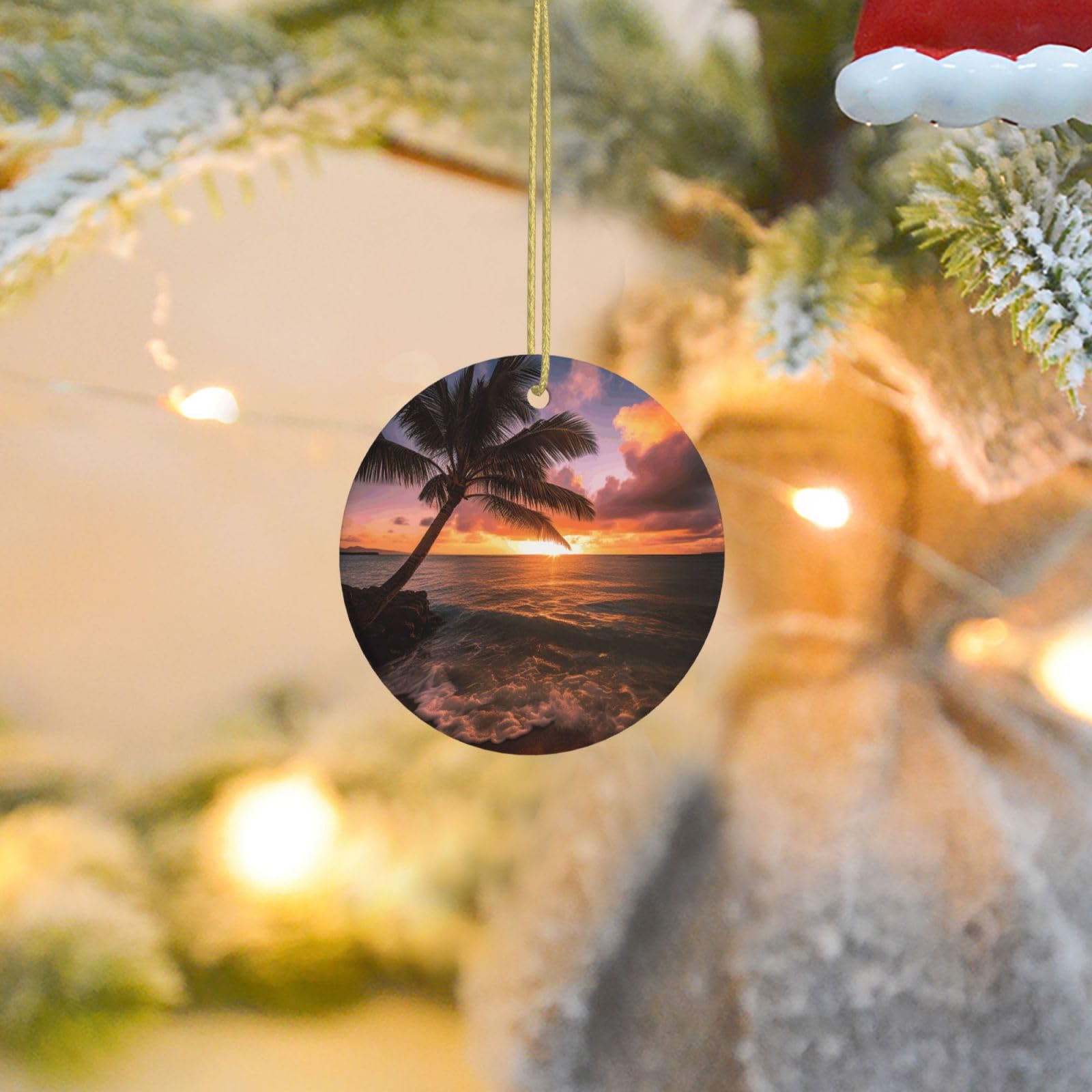 Christmas Tree Ornaments Ceramics Christmas Round Decorations Palm Tree Sunset Beach Ceramics Ornaments Circle Pentagram Xmas Tree Hanging Pendant for Christmas Tree Party Holiday Home Decor