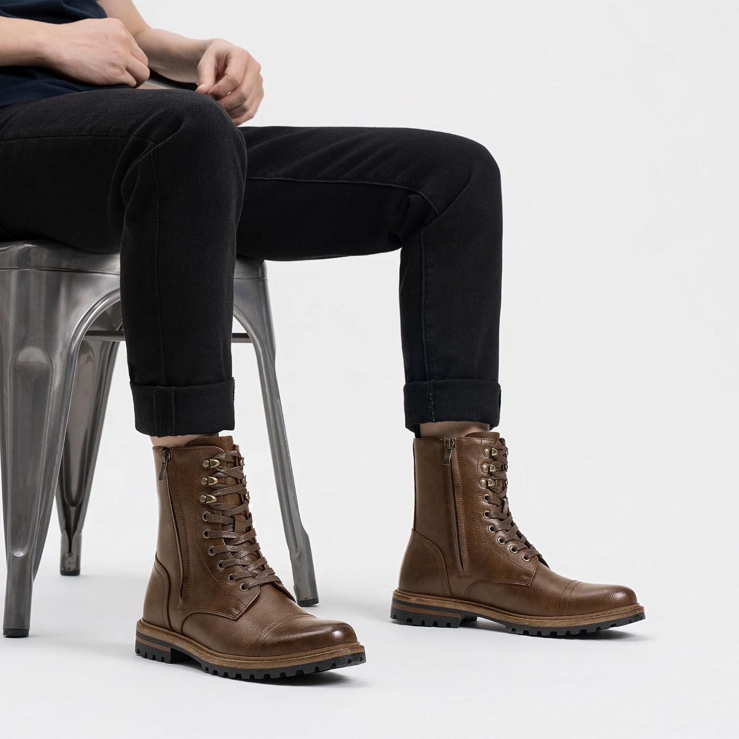Jousen Men's Motorcycle Boots Side Zipper Cap Toe Retro Combat Dress Boots