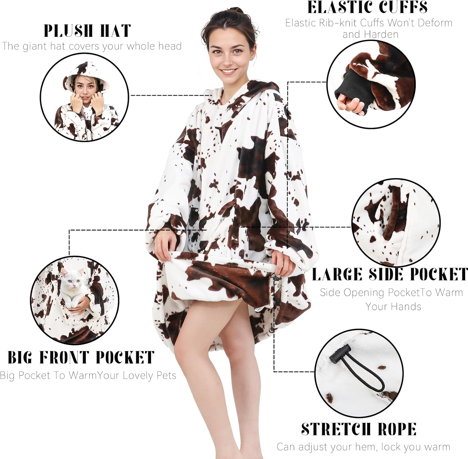 cow print Wearable Blanket Hoodie for Adults - Oversized Cozy Warm Sweater Blanket with sleeves for Home, Camping - Christmas/Birthday Gifts for Women & Men - Image 6