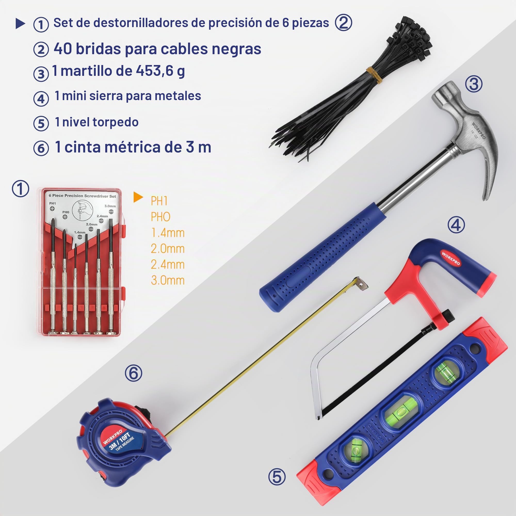 WORKPRO Juego de Herramientas Básicas y Accesorios 156-piezas con Bolsa, Herramientas manuales para hogar con Alicates Destornilladores Llaves Hexagonales etc para Bricolaje