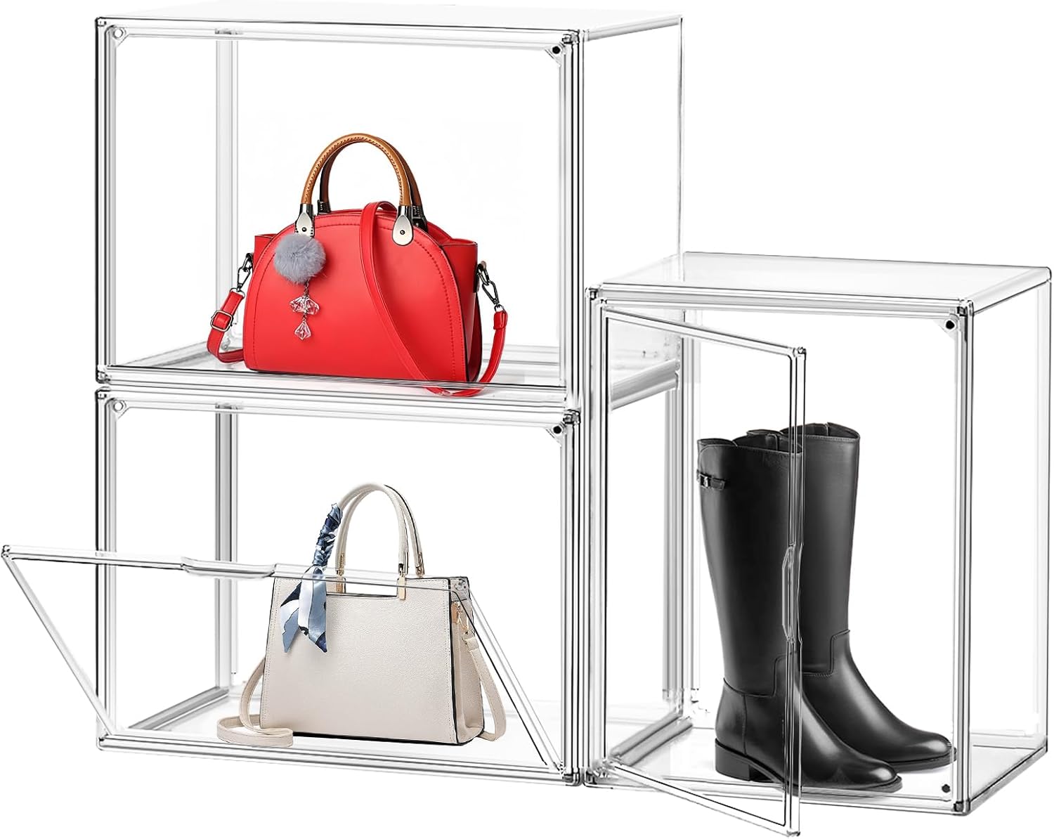3 Pack Extra XXX-Large Boots Storage Organizer Stackable Clear Handbag Organizer for Closet Acrylic Display Case with Magnetic Lid Transparent Storage Box for Purse Bigbag Cosmetic Collectibles XXX-Large 3Pcs