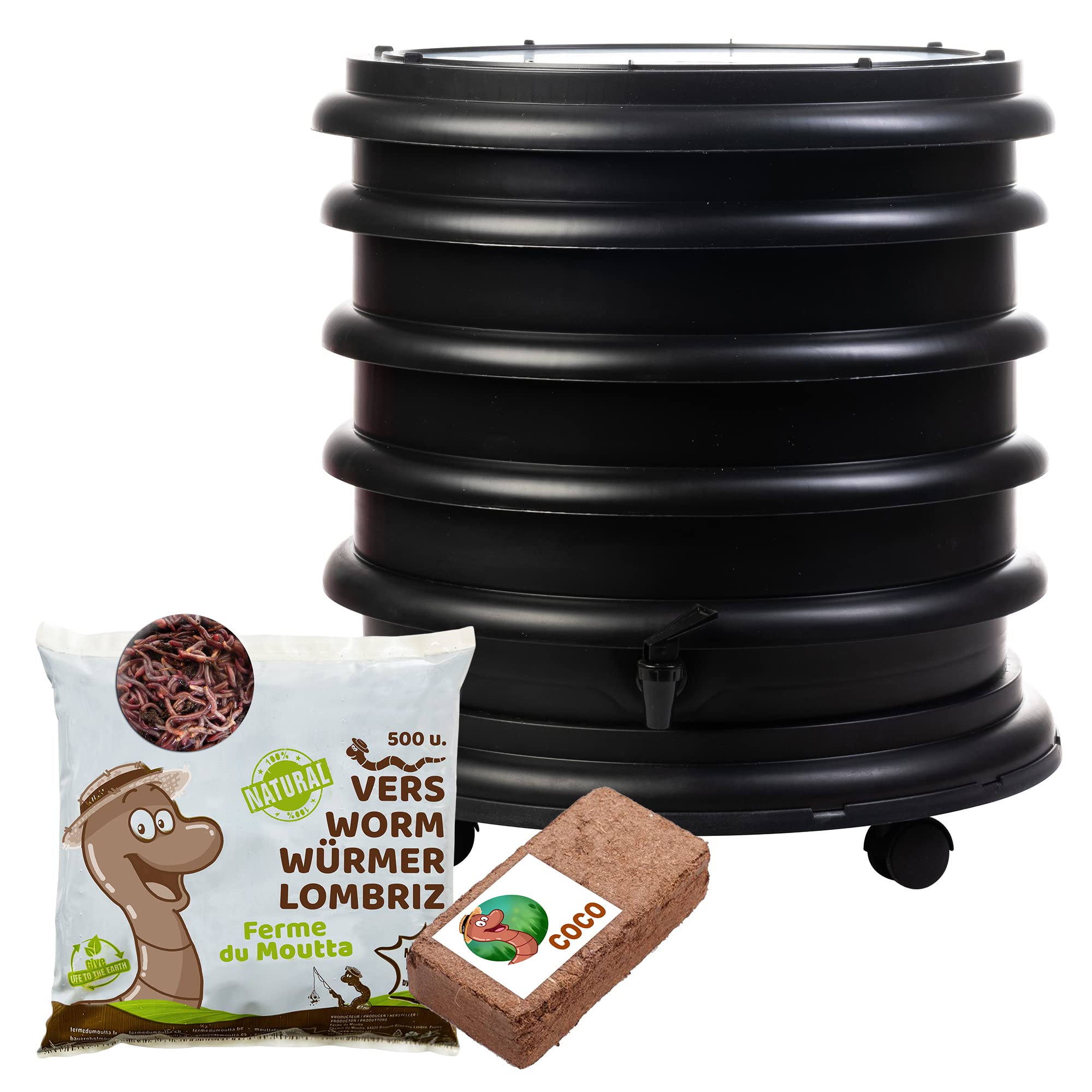 WORMbox | Wormery Worm Farm composter 3 Black Trays + 250gr of Compost Worms / 500 ctn + 1 Coco | 48 liters | Organic Waste Compost, make your Worm Castings