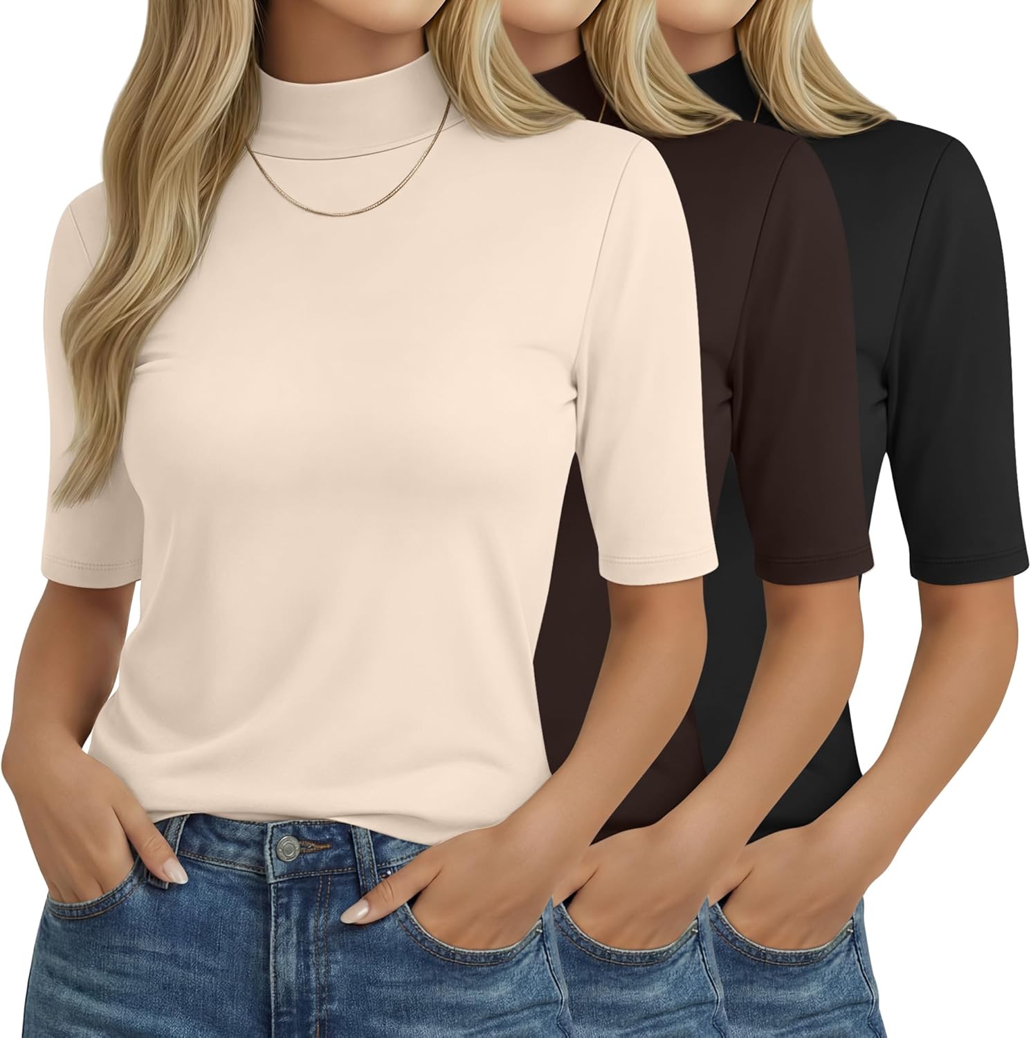 3 Pack Women's Mock Neck Tshirts Half Sleeve Turtleneck Tops Loose Fit Dressy Casual Tunic Shirts Summer Basic Tees
