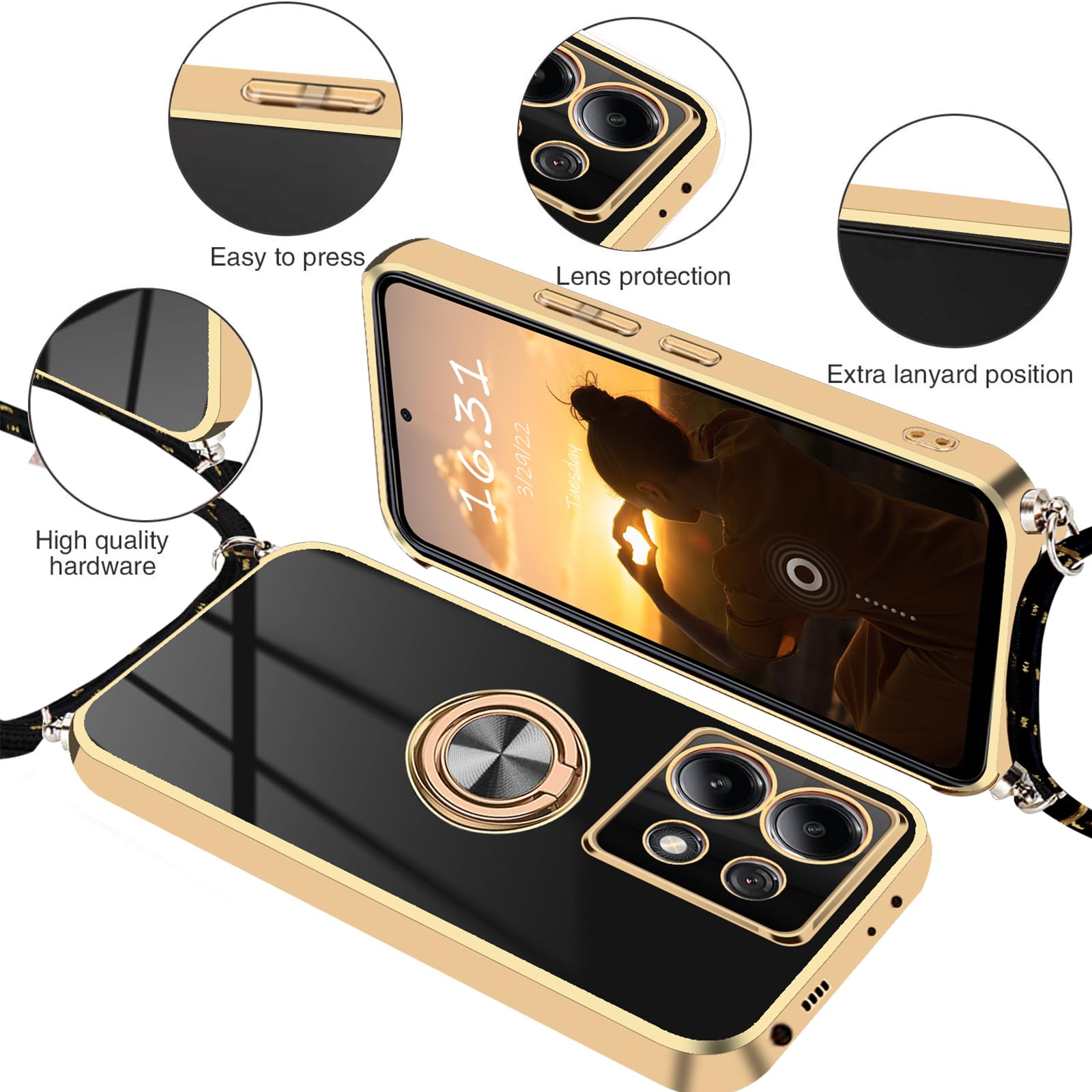 TVVTPU Cover per Xiaomi Redmi Note 13 Pro Plus 5G/Pro+ 5G con Cordino e Anello Supporto, Custodia Sottile Morbido Silicone TPU Antiurto Dorata Placcatura Protettiva Case con Regolabile Tracolla, Rosa