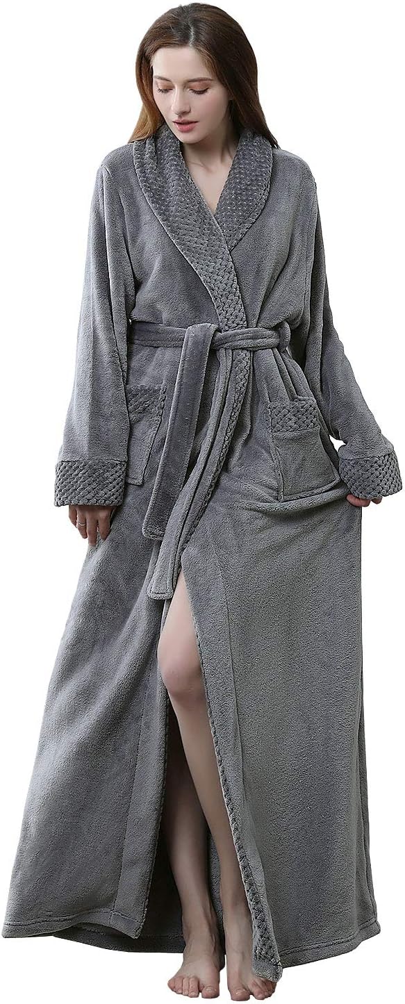 Womens Long Fleece Robe - Warm Soft Floor Length Flannel Bathrobes for Winter Thicker Long House Coat with Pockets