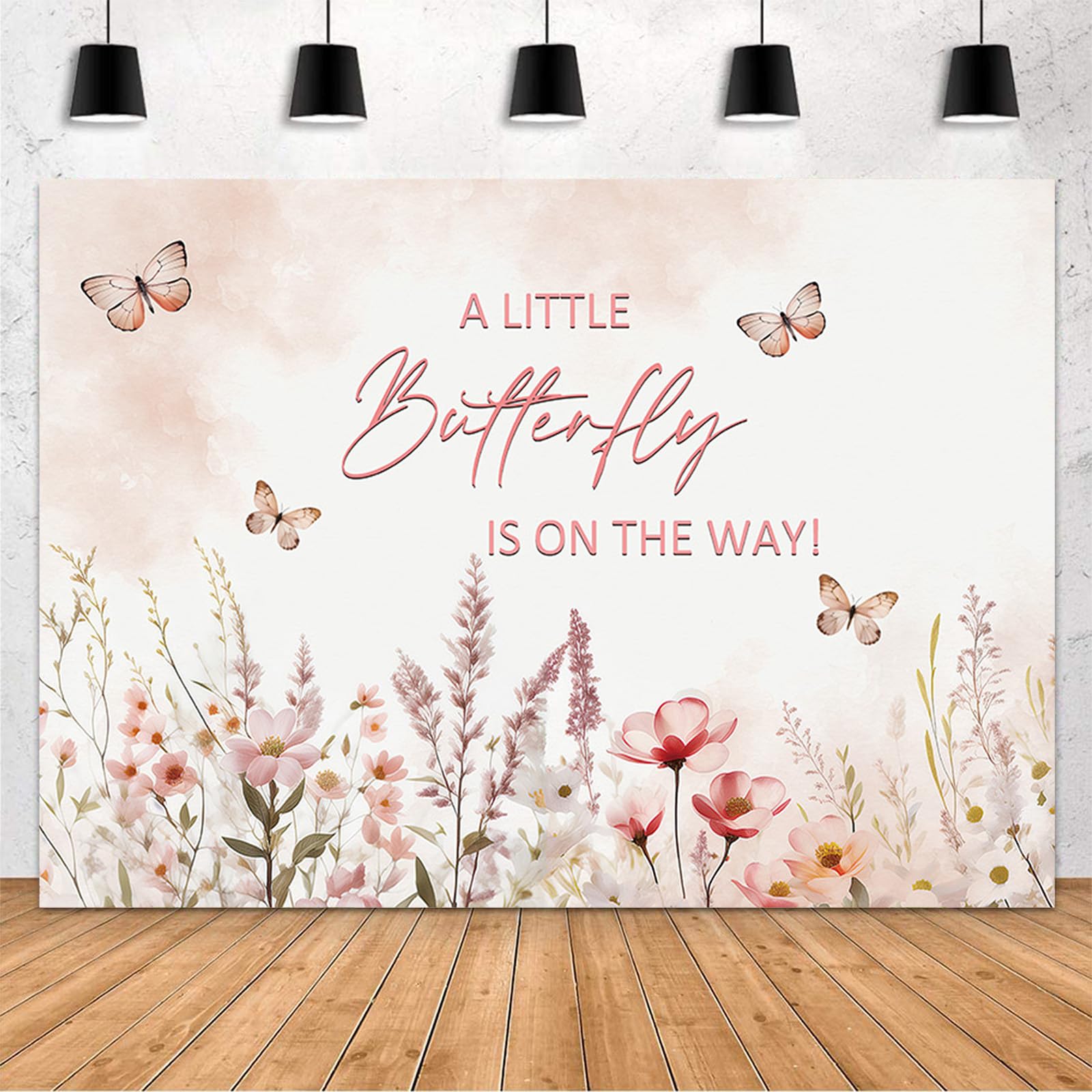 MEHOFOND 7x5ft Butterfly Baby Shower Backdrop Pink Watercolor A Little Butterfly is On The Way Baby Shower Party Decorations Wildflower Butterfly