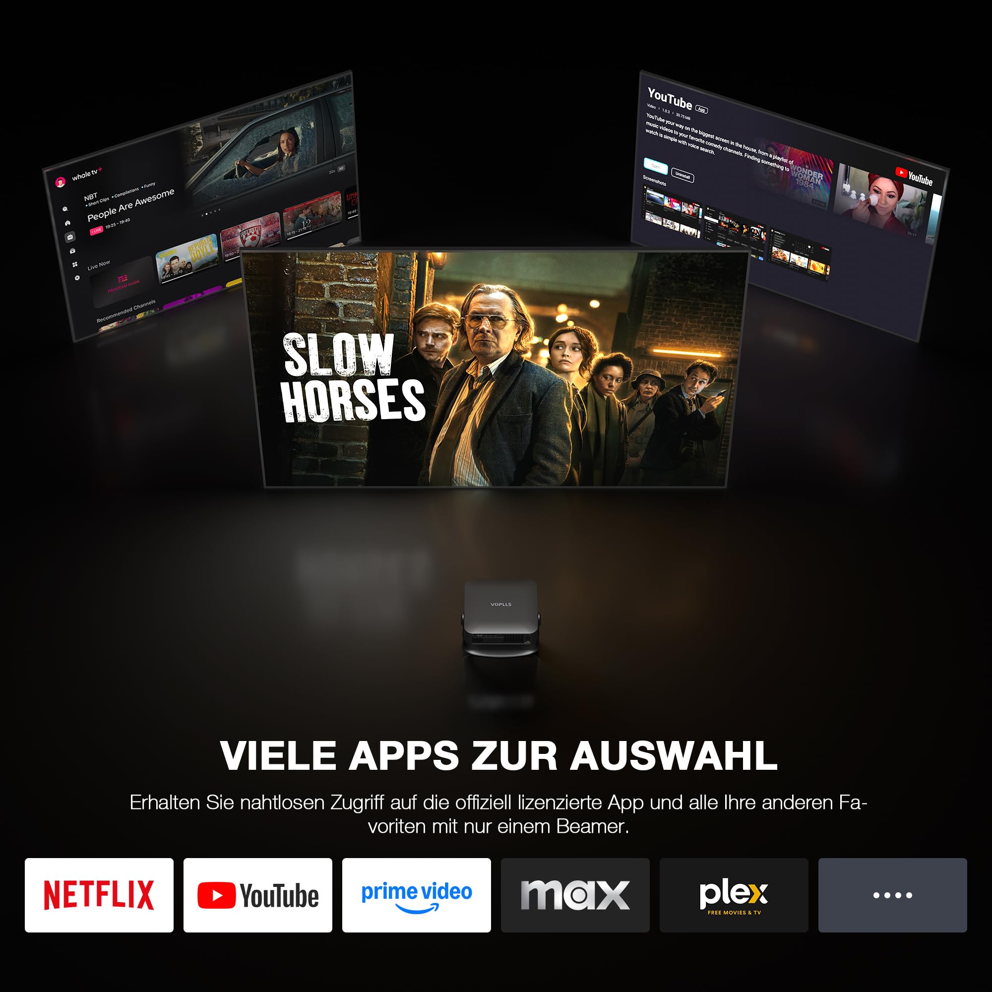 Smart Beamer【800ANSI ＆ Offizielle App】 Mini Projektor mit Autofokus ＆ Trapezkorrektur, VOPLLS 1080P Full HD WiFi6 Bluetooth Beamer 4K Heimkino/Outdoor Klein Projector für Handy (Schwarz)