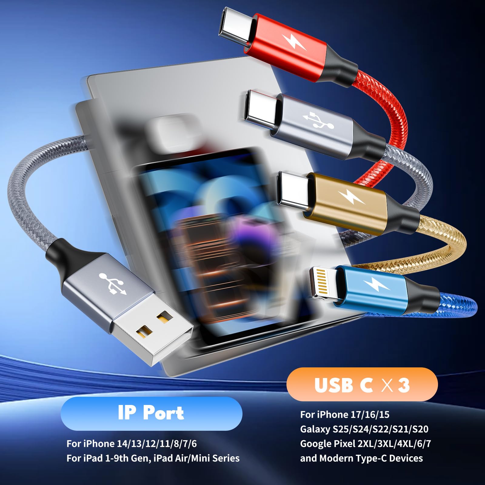 Câble de charge multiple 4 en 1, 1 lot de cordons de charge de 1,5 m pour plusieurs appareils