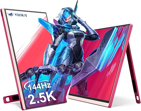 Veout 16  Portable Monitor 2560x16002.5K 144Hz, Gaming Monitor with USB-C & Mini HDMI for PC/Laptop/PS5/Phone, Portable Second Laptop Screen for Office & Entertainment, Mini Display with Support
