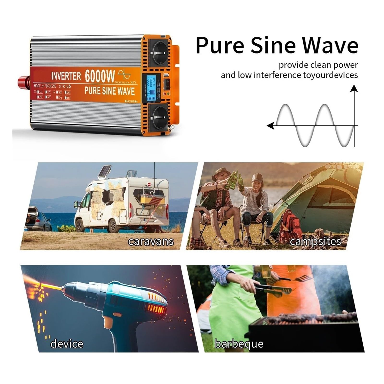 Power Inverter Inversor Corriente Inversor Corriente para Coche 3000W A 7000W Convertidor 12V/24V A 220V CA con Dos Enchufes UE Y USB Ideal para Camping Autocaravanas Y Emergencias.(12V,4000W)