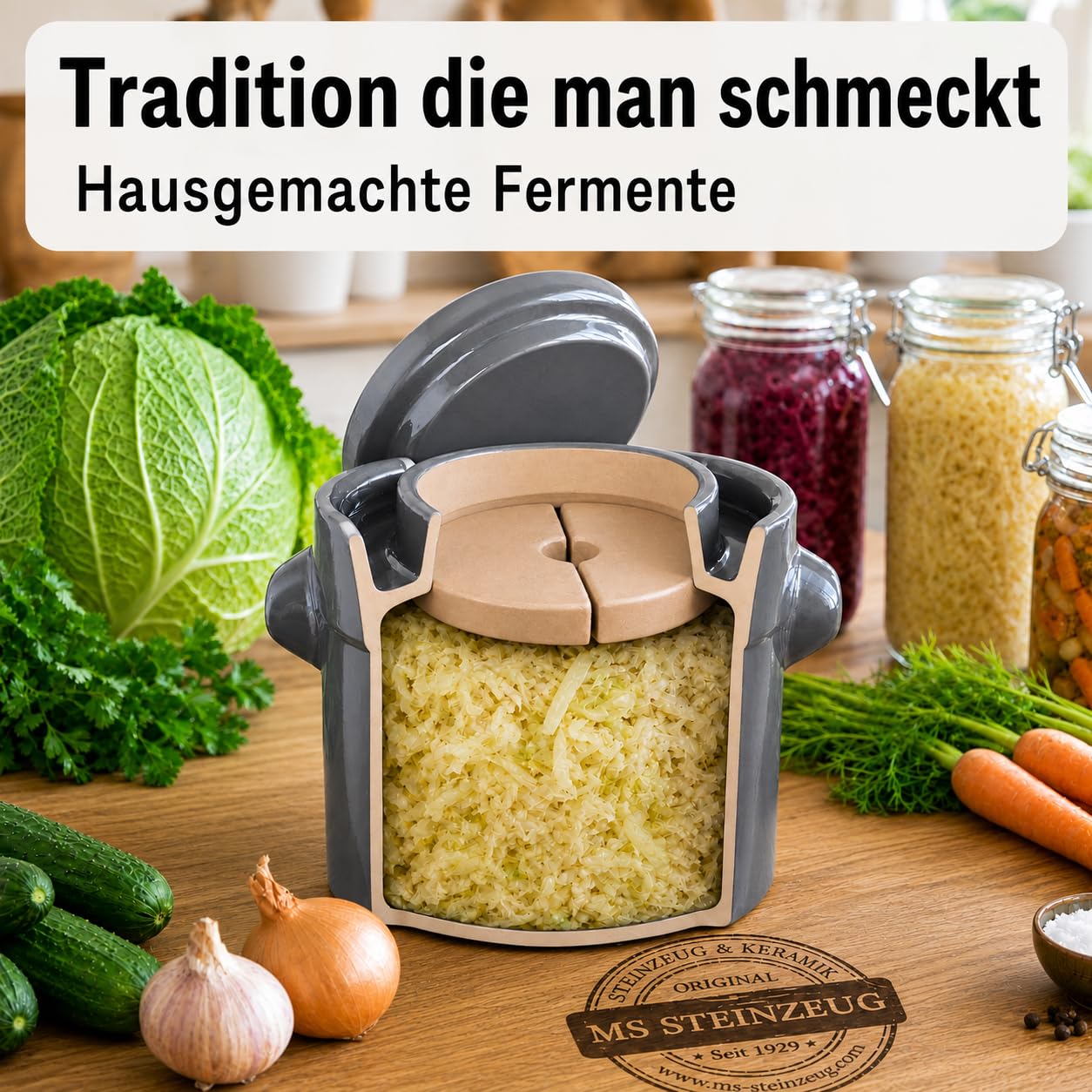 Gärtopf 3 L, Grau, Sauerkrauttopf mit Beschwerungssteinen