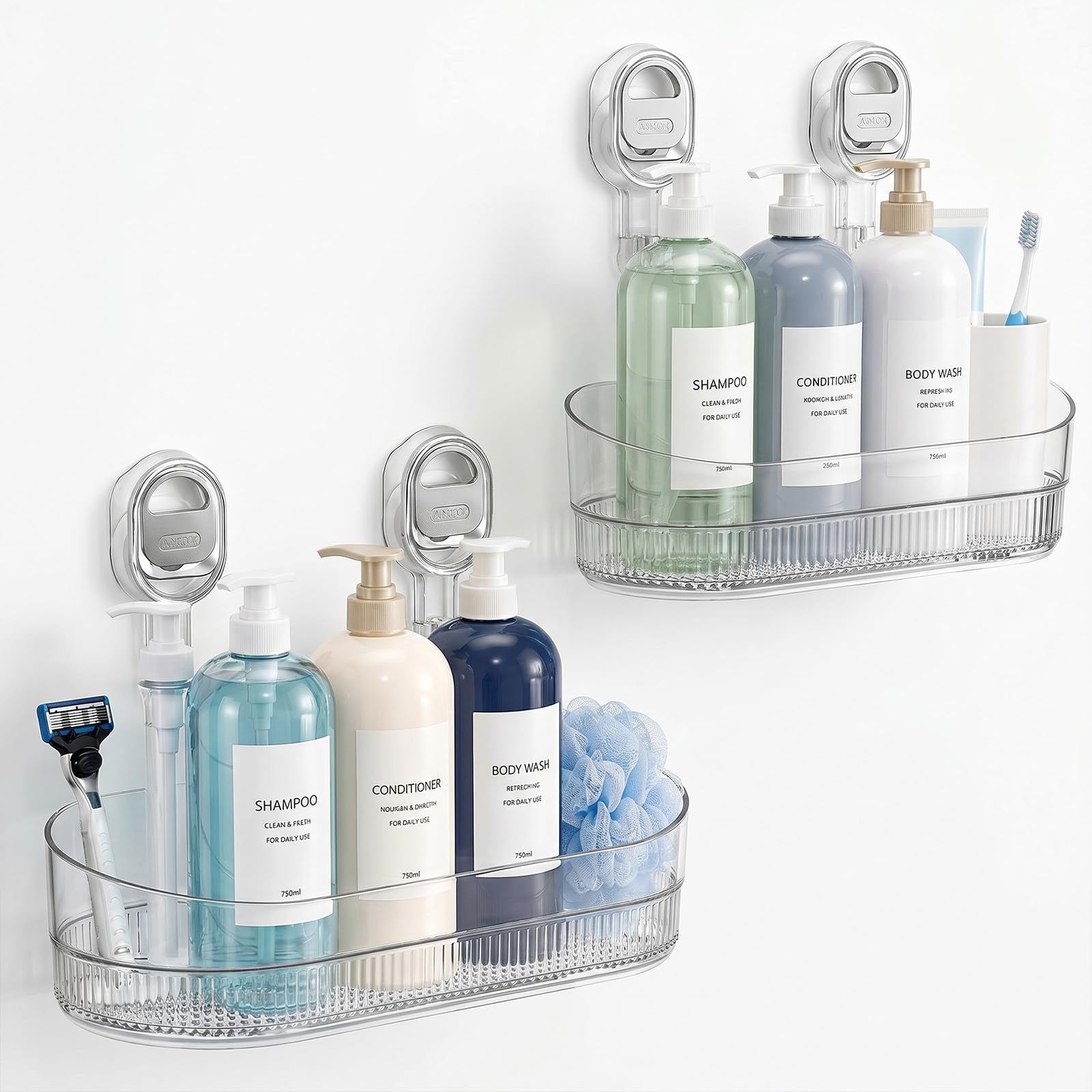 View 1 of *** one bucket damaged*** Novabright 2 Pack Suction Cup Shower Caddy, No Drill Bathroom Shelf Organizer, Wall Mounted Storage Basket for Shampoo, Conditioner, Body Wash, Razor and Bath Supplies