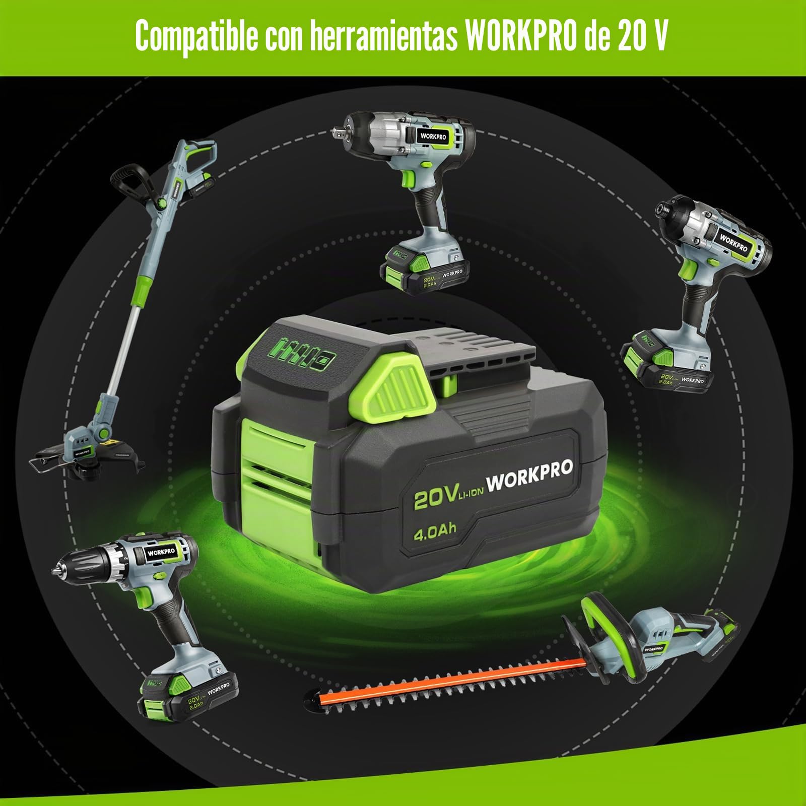 WORKPRO Batería Litio 20V 4,0Ah Sin Efecto Memoria Compatible | Mayor Capacidad para Trabajos Prolongados, Diseño Compacto y Protección Eficiente para Uso Continuo
